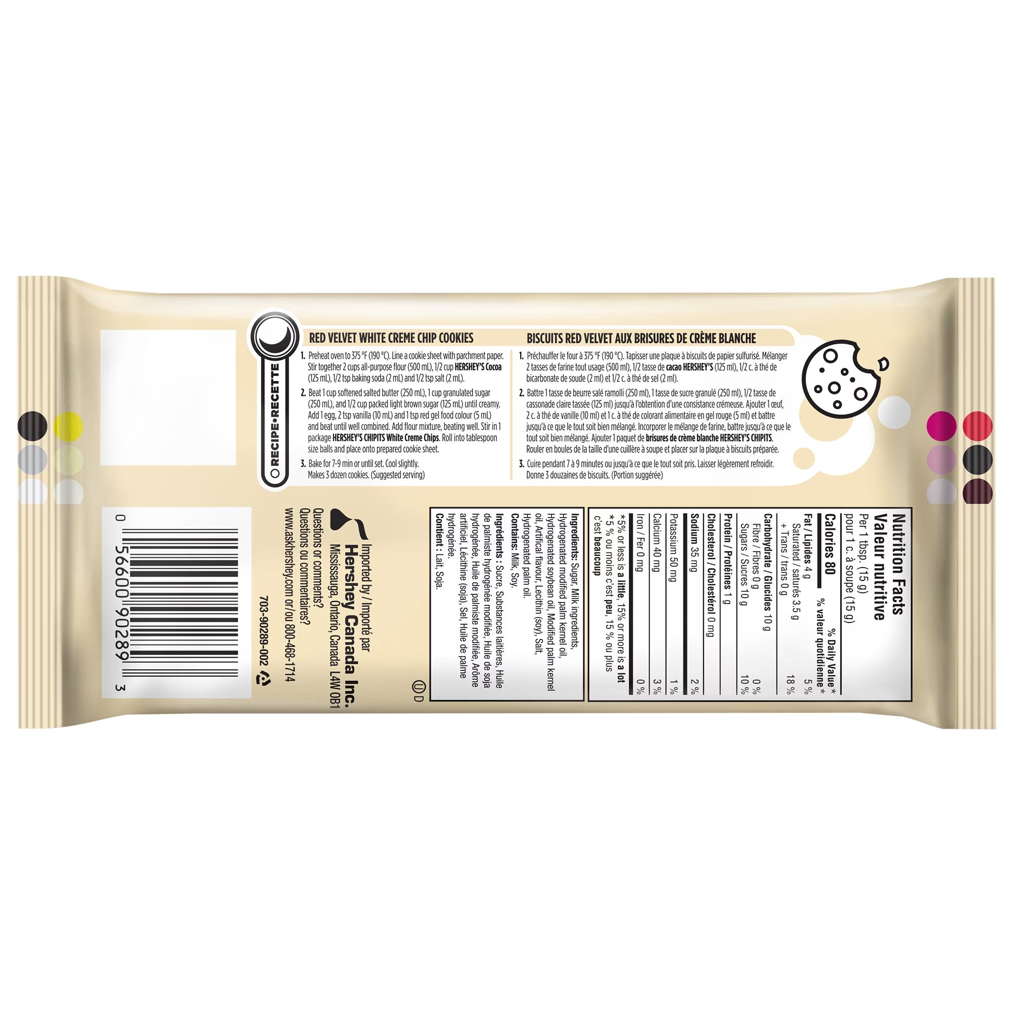 Back of Hershey’s CHIPITS White Creme Chips package with a cookie recipe, ingredients, nutrition facts, and barcode.