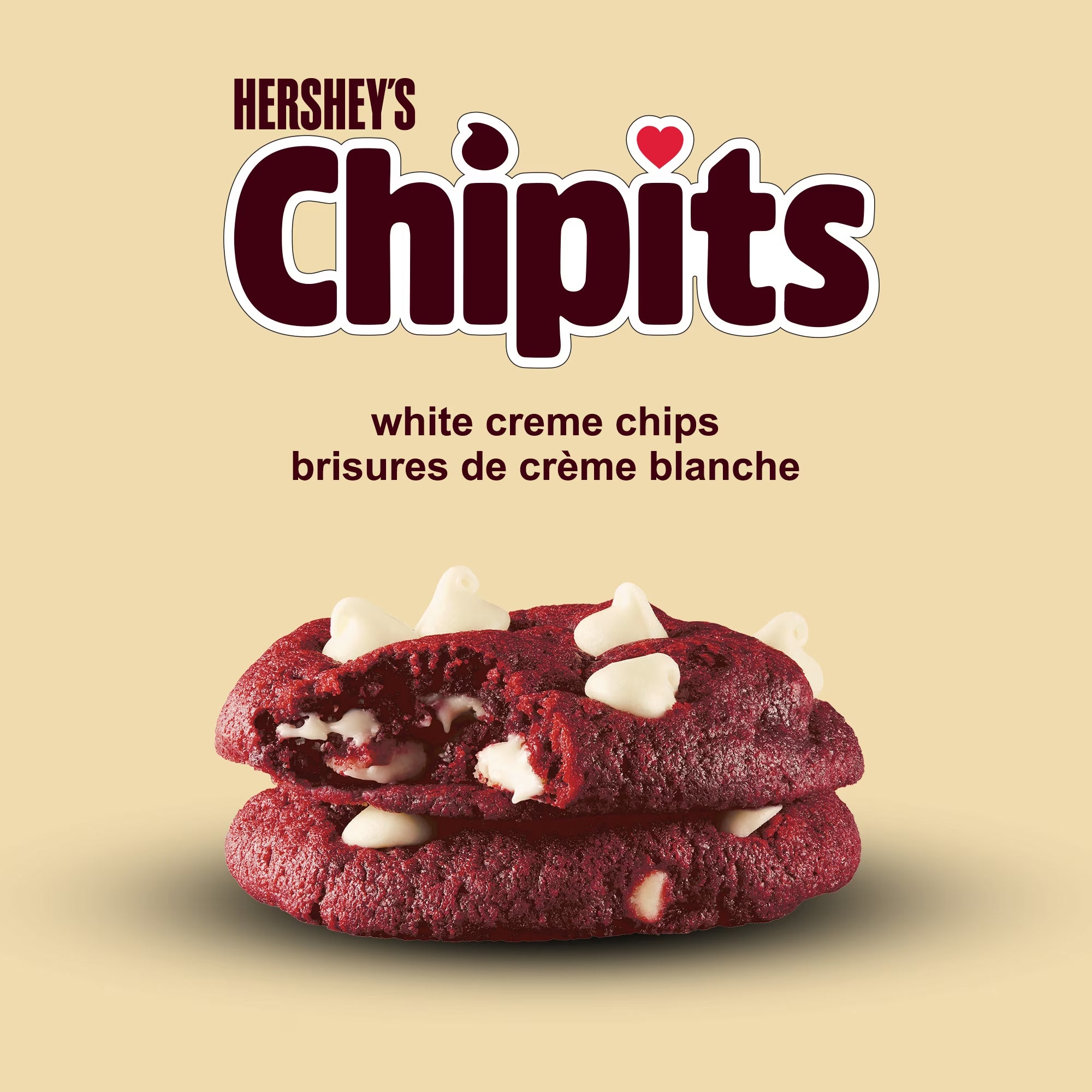 Red cookies studded with Hershey’s CHIPITS white creme chips beneath the product logo.
