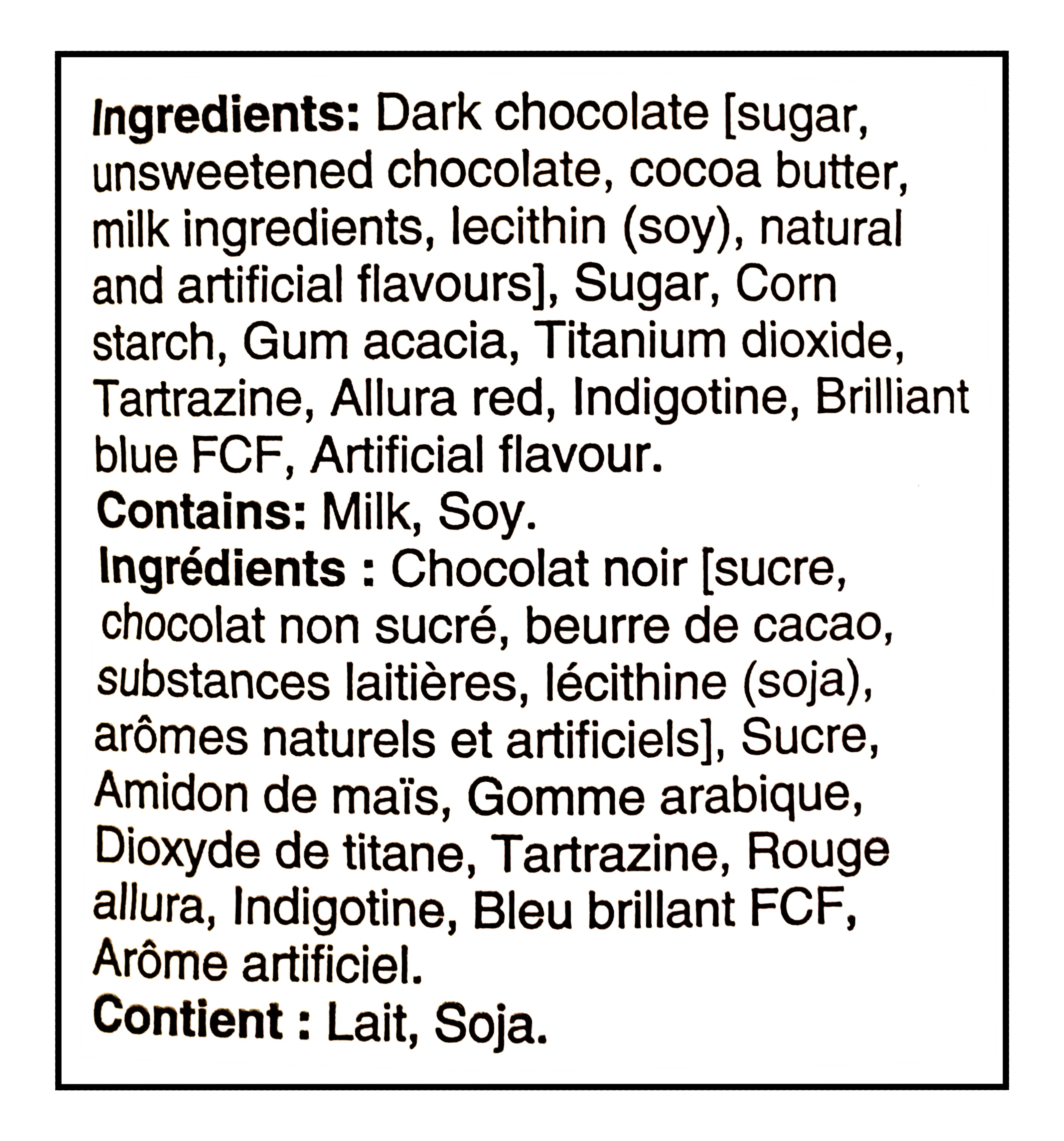 Hershey's Dark Chocolate Eggies, 200g/7.1 oz. - Ingredients Label