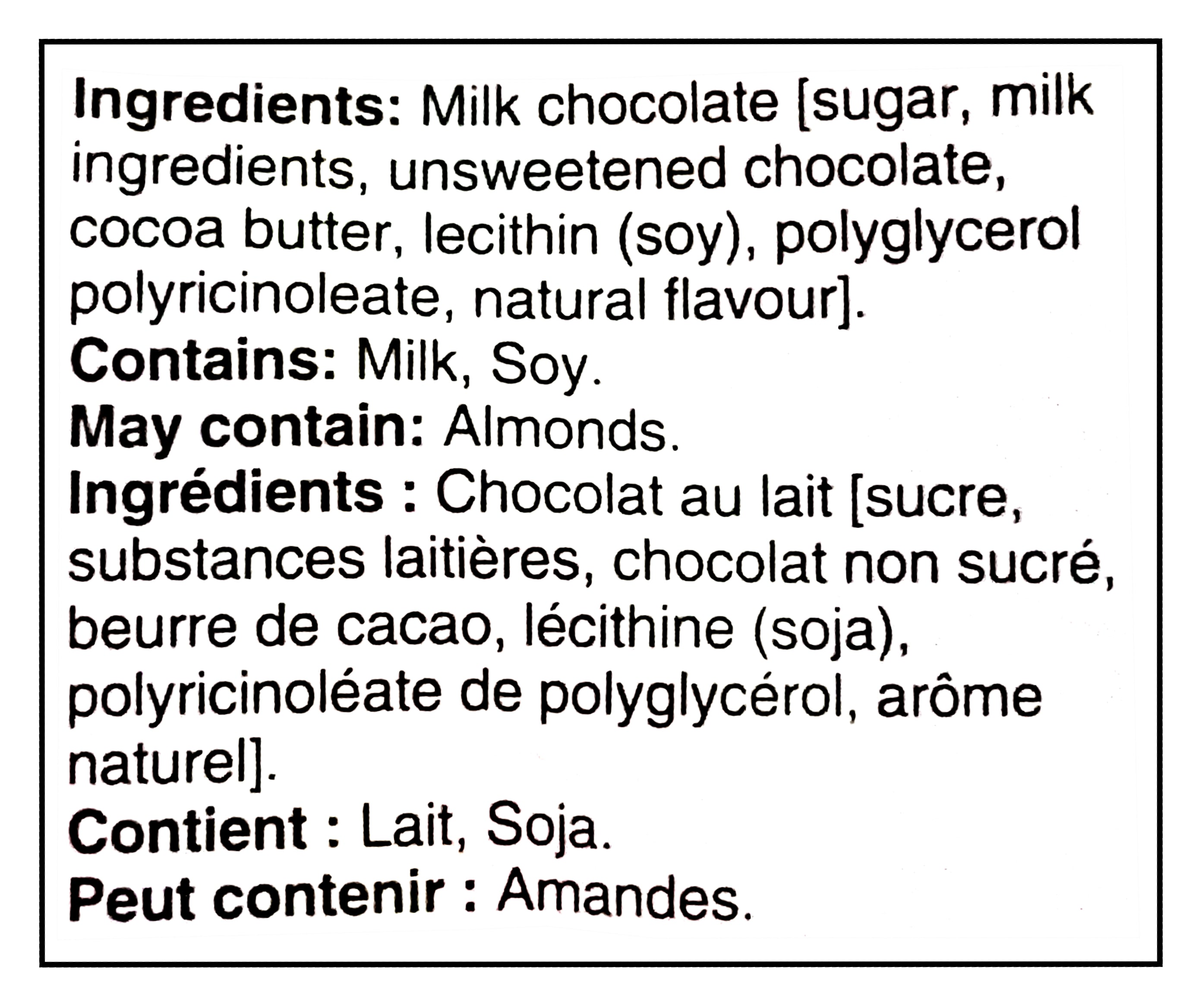 Ingredients label and allergen information for Hershey's Milk Chocolate Snack-Size Bars, Harry Potter 267g/9.4 oz on a white background