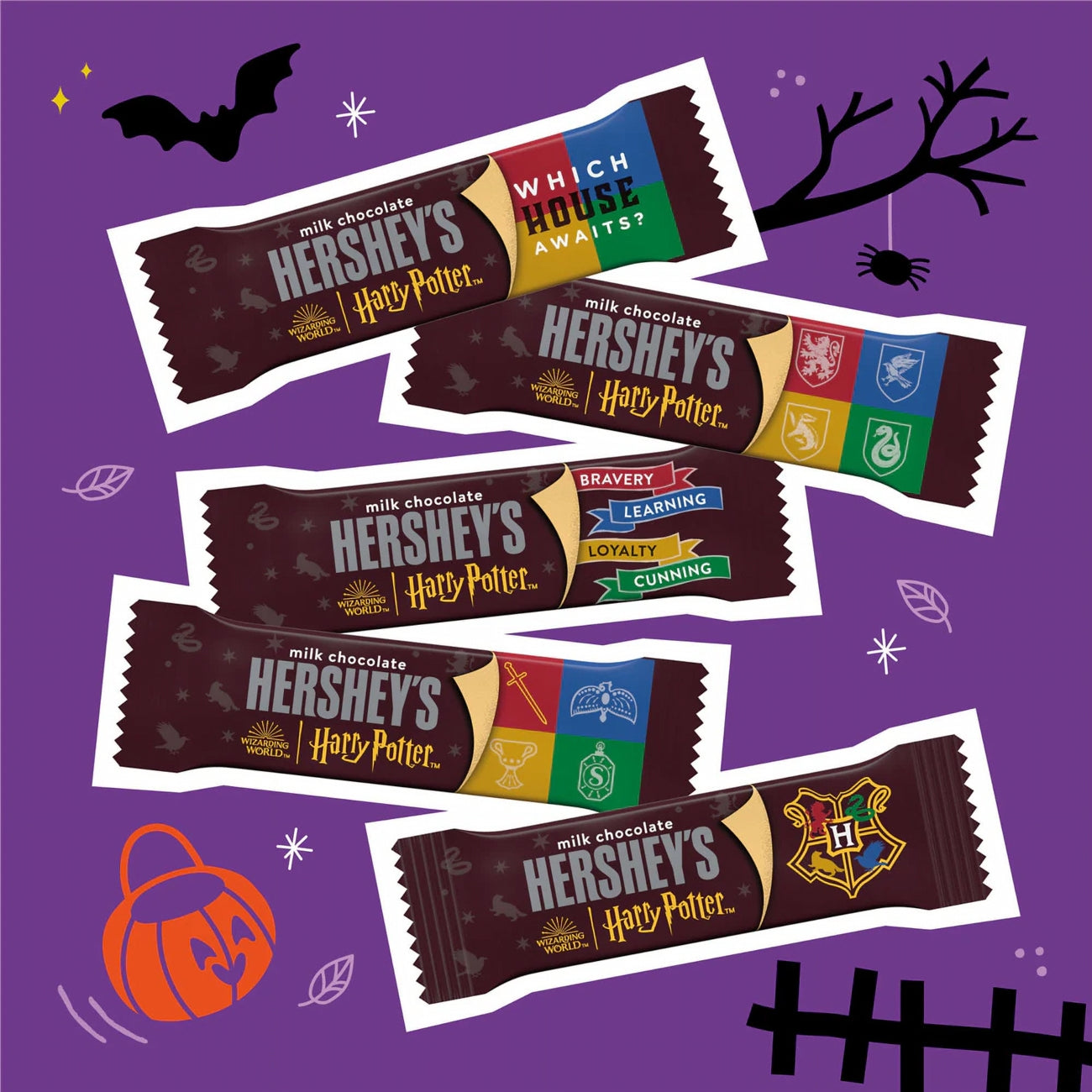 Hershey's Harry Potter chocolate bars on a purple background with Halloween-themed decorations.