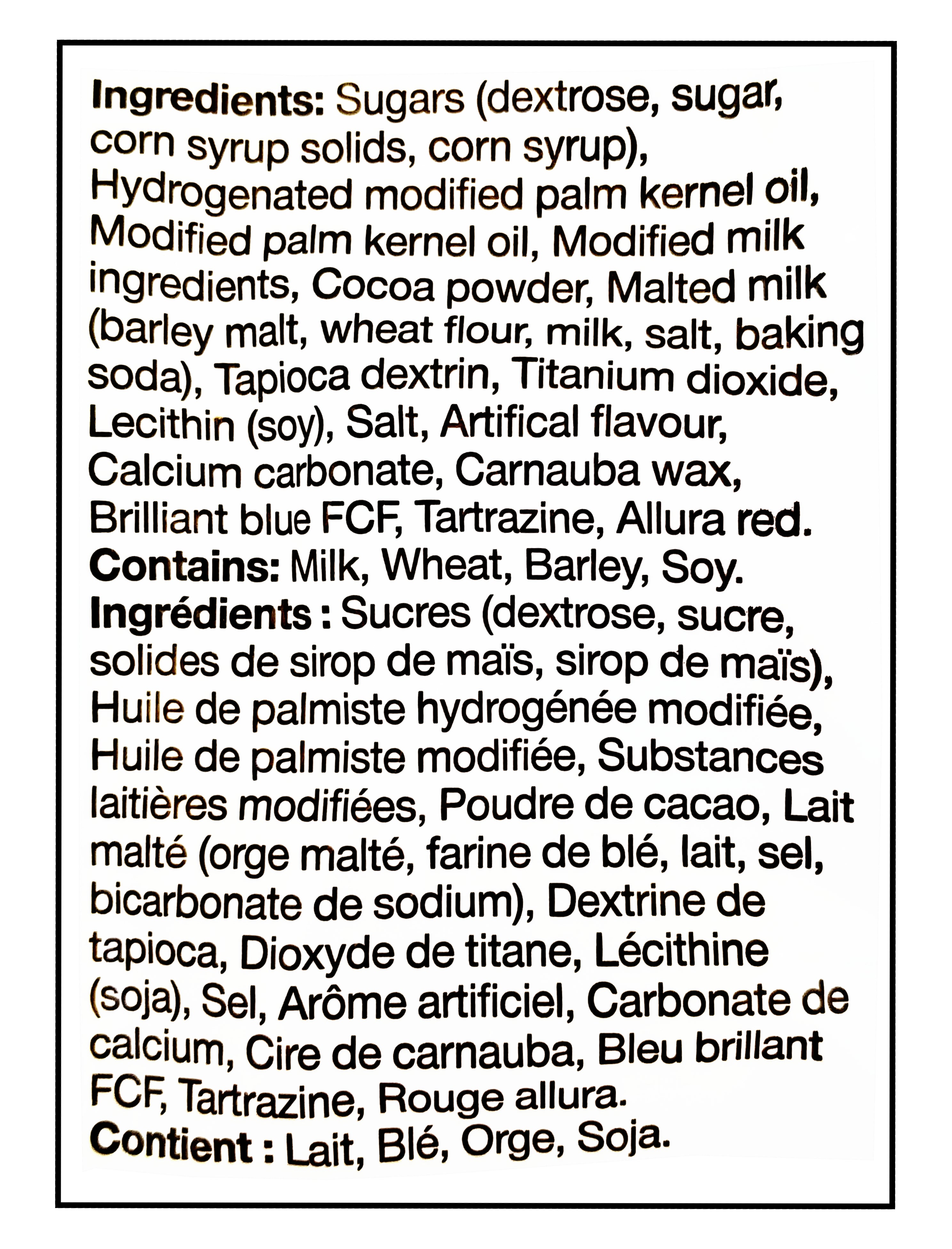 HERSHEY'S Eggies Made With Whoppers, 340g/12 oz. - Ingredients Label