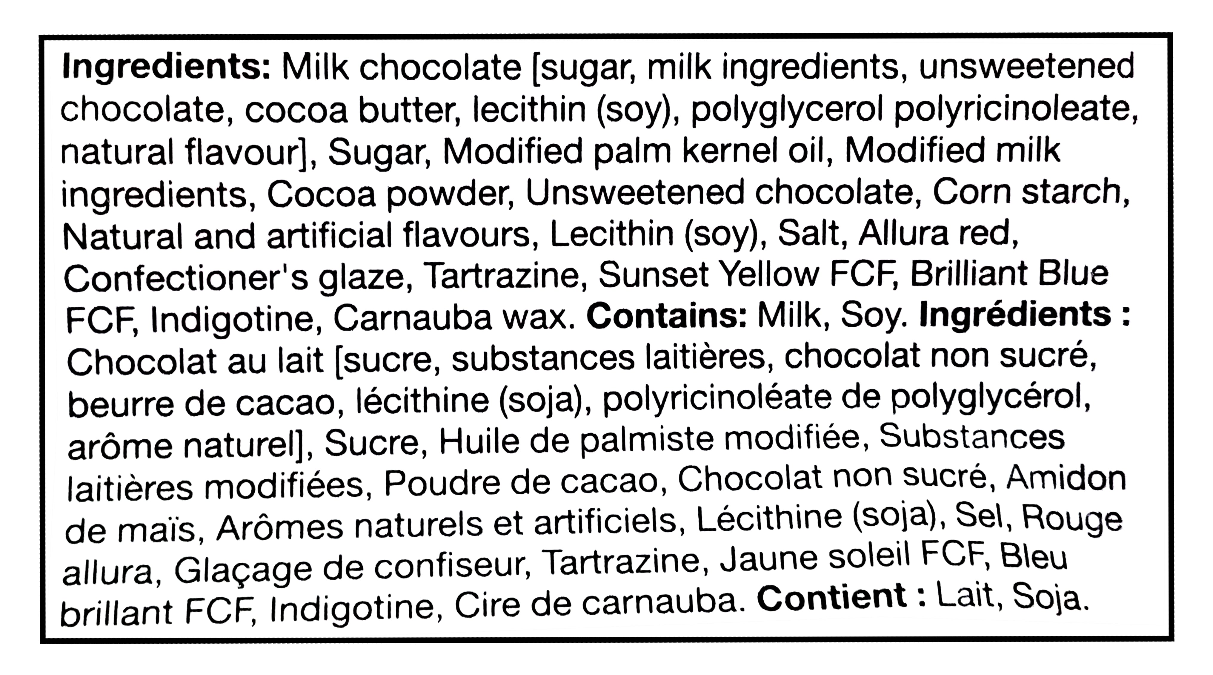 Hershey's Rainbow Brownie Milk Chocolate Kisses, 180g/6.3 oz. - Ingredients Label