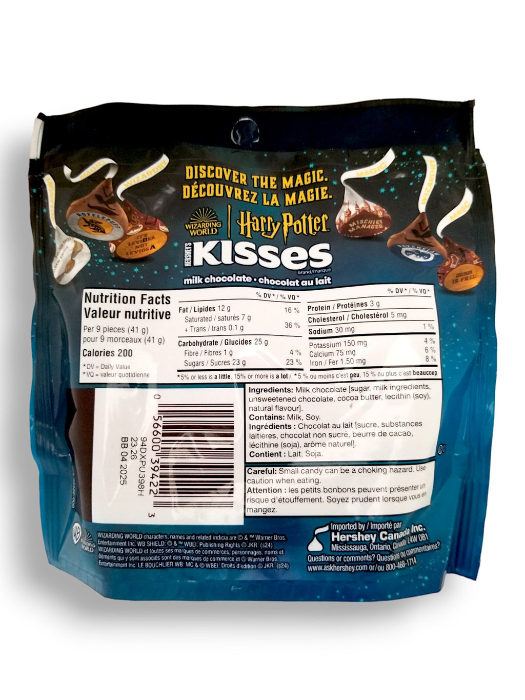 Hershey's Wizarding World of Harry Potter Kisses, 180g/6.3 oz. Bag, back of bag.