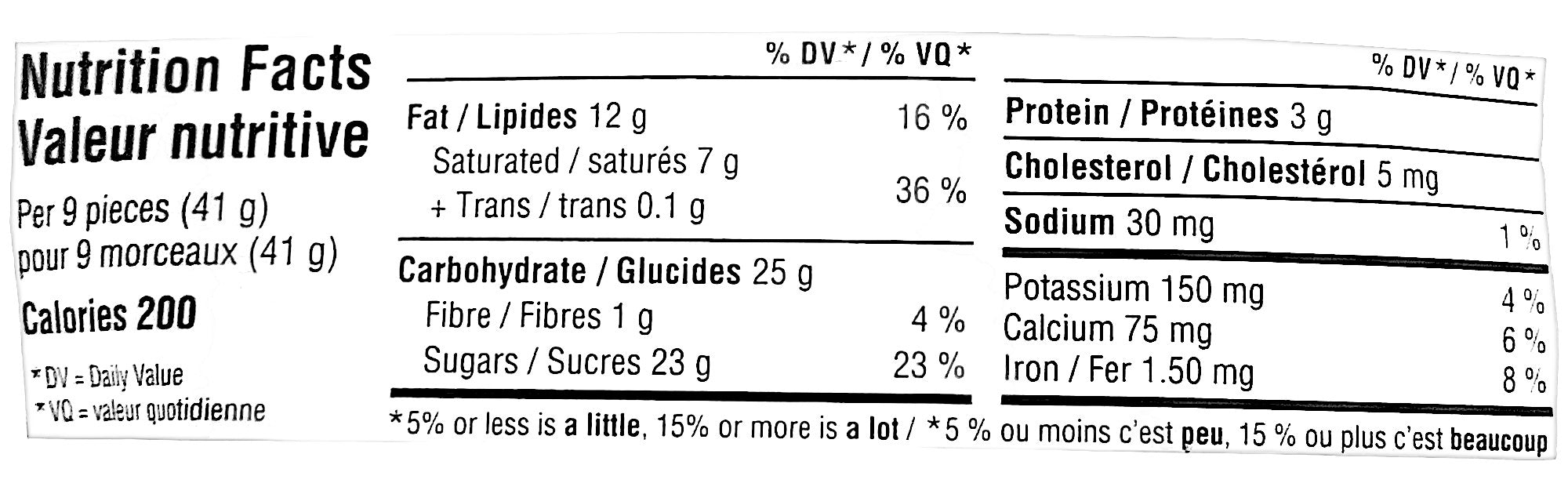 Hershey's Wizarding World of Harry Potter Kisses, 180g/6.3 oz. Bag, nutrition facts label.