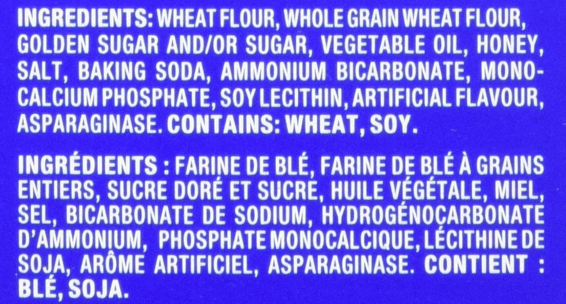 Honey Maid Graham Wafers, 400g/14.1 oz Ingredients Label