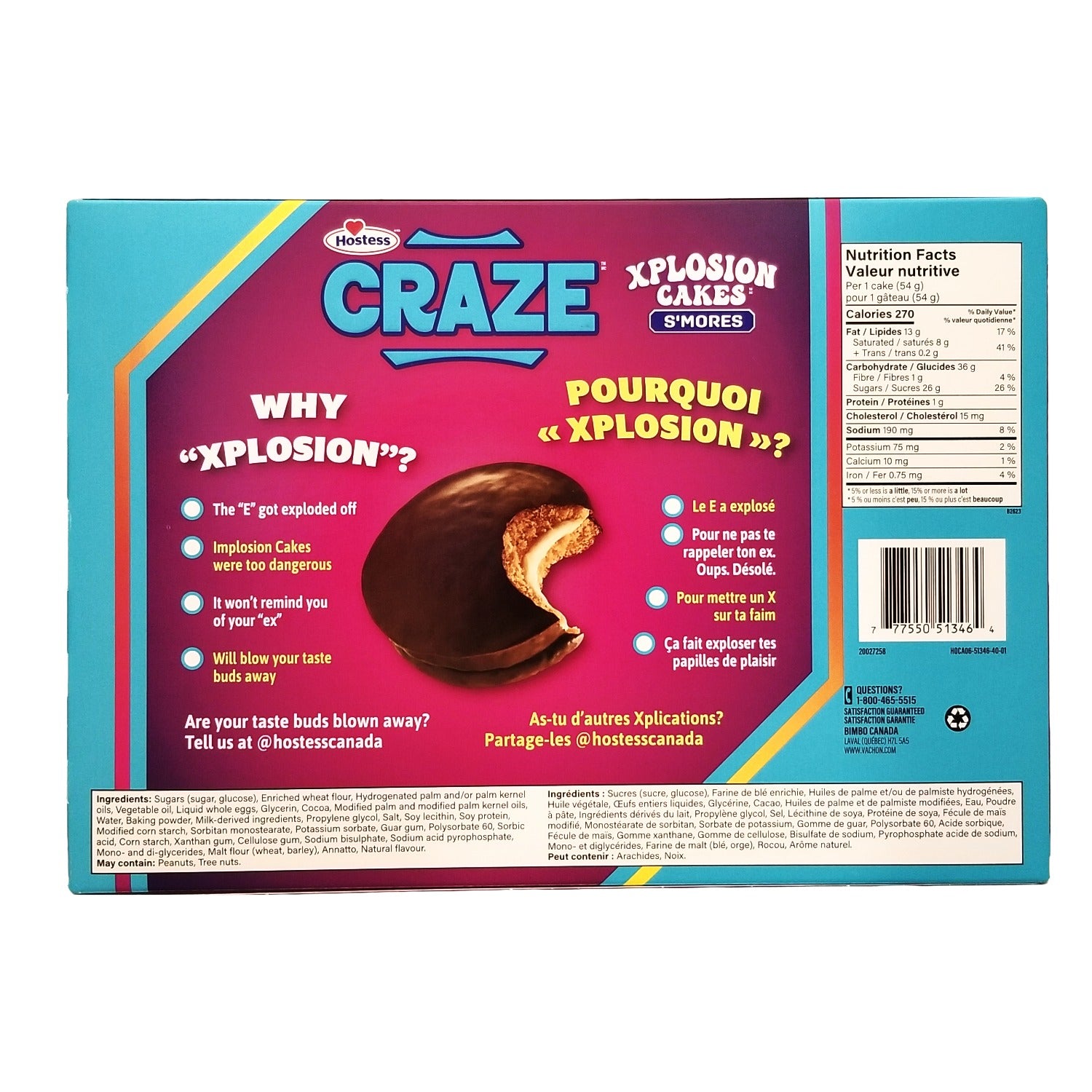 Hostess CRAZE Xplosion S'mores Snack Cakes 324g back of box — Hostess snack cakes ships to the US