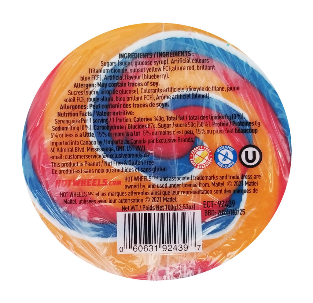 Exclusive Brands, Hot Wheels, Jumbo Swirly Lollipop, Blueberry Flavor, 100g/3.53 oz. {Imported from Canada}