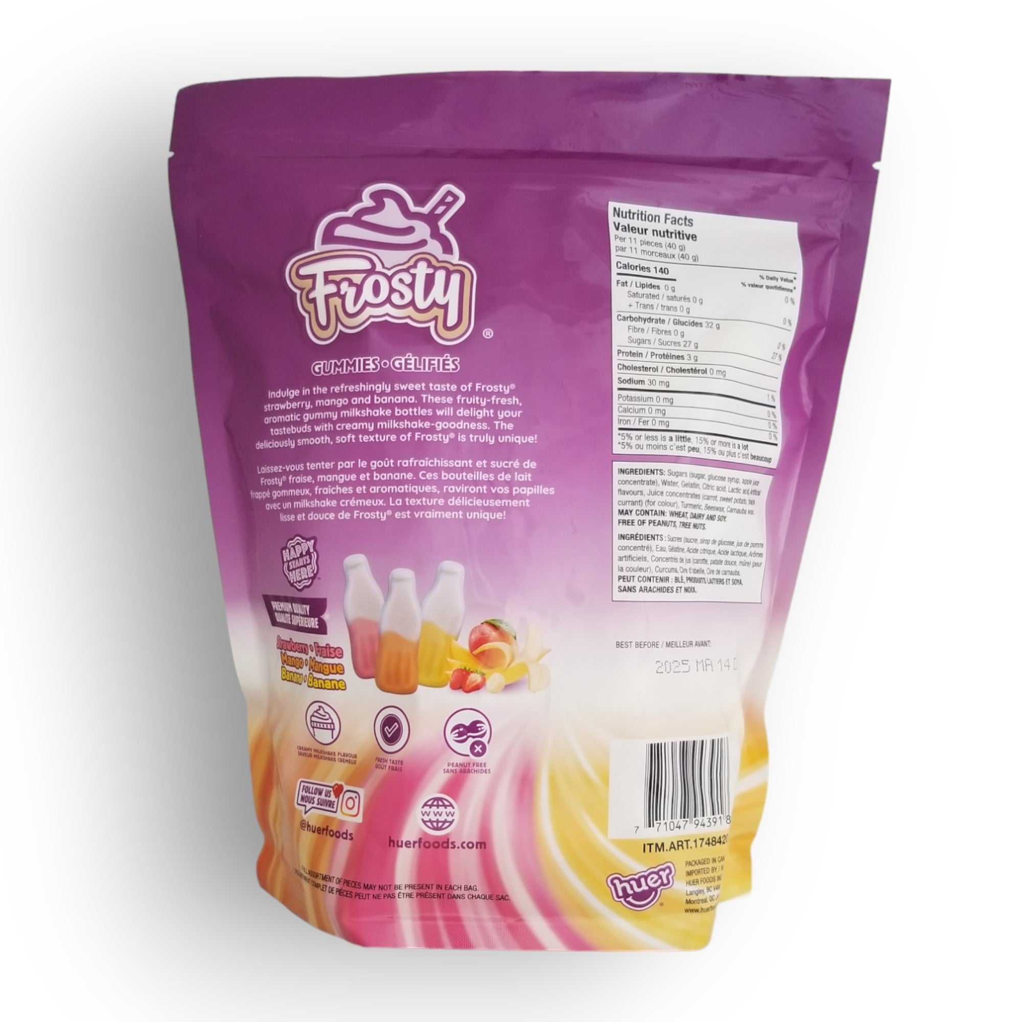 Huer Frosty Milkshake Bottle Gummies, Strawberry, Mango & Banana Flavors, 900g/2 lb