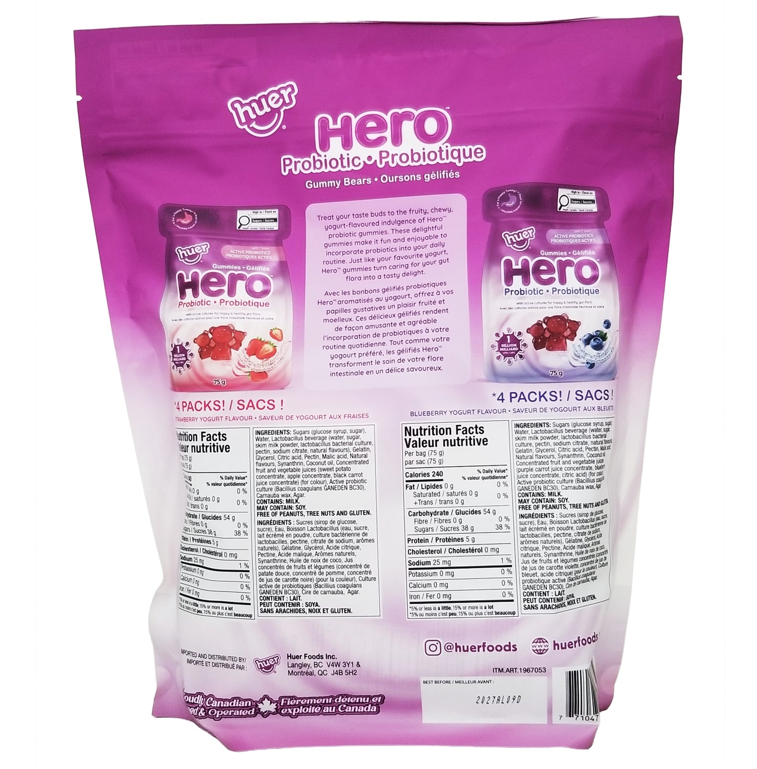Huer Hero Probiotic Gummy Bears 8-pack back of package