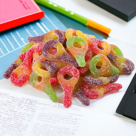 A pile of fruity sour suckers gummies on a colorful background