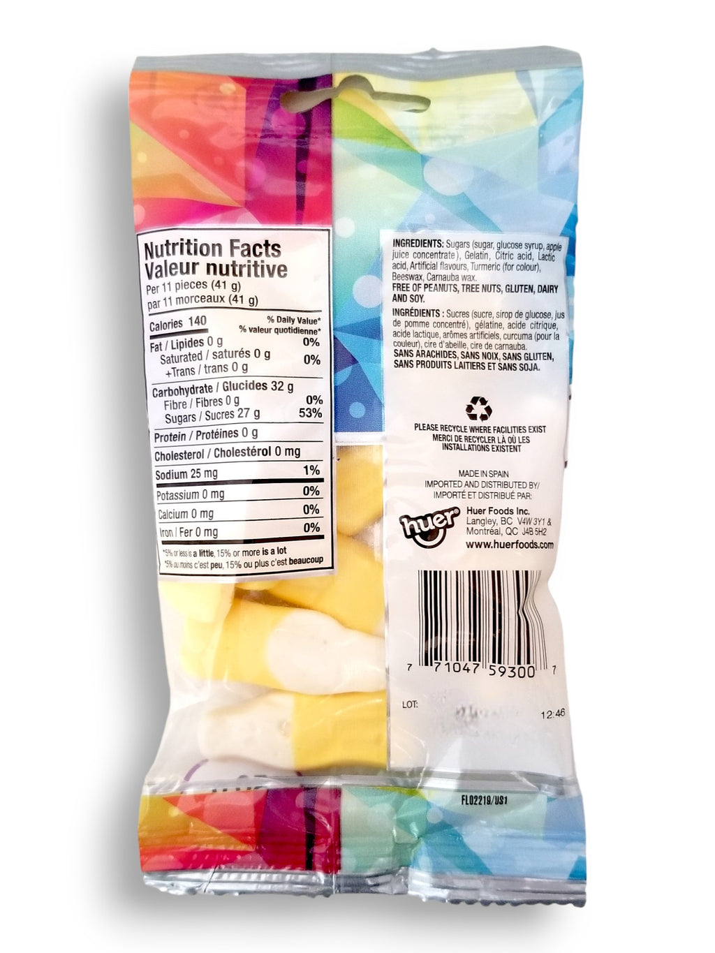 Huer Banana Frosty Gummies, 50g/1.8 oz., back of bag.