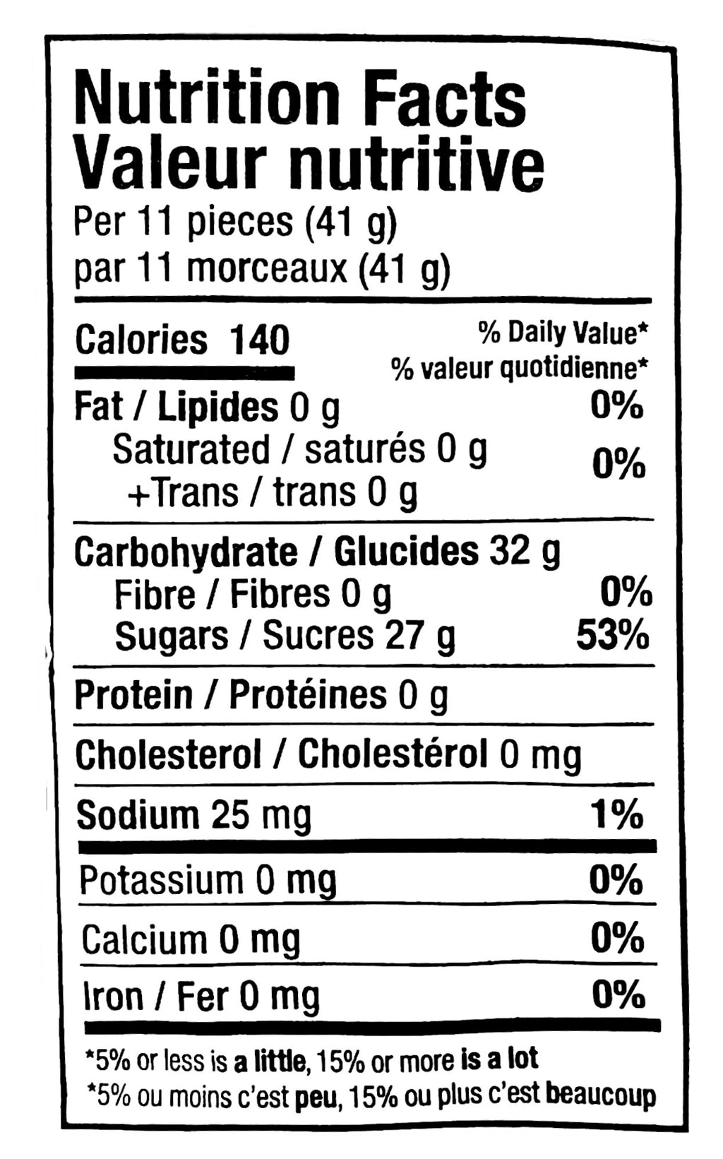 Huer Banana Frosty Gummies, 50g/1.8 oz., nutrition facts label.