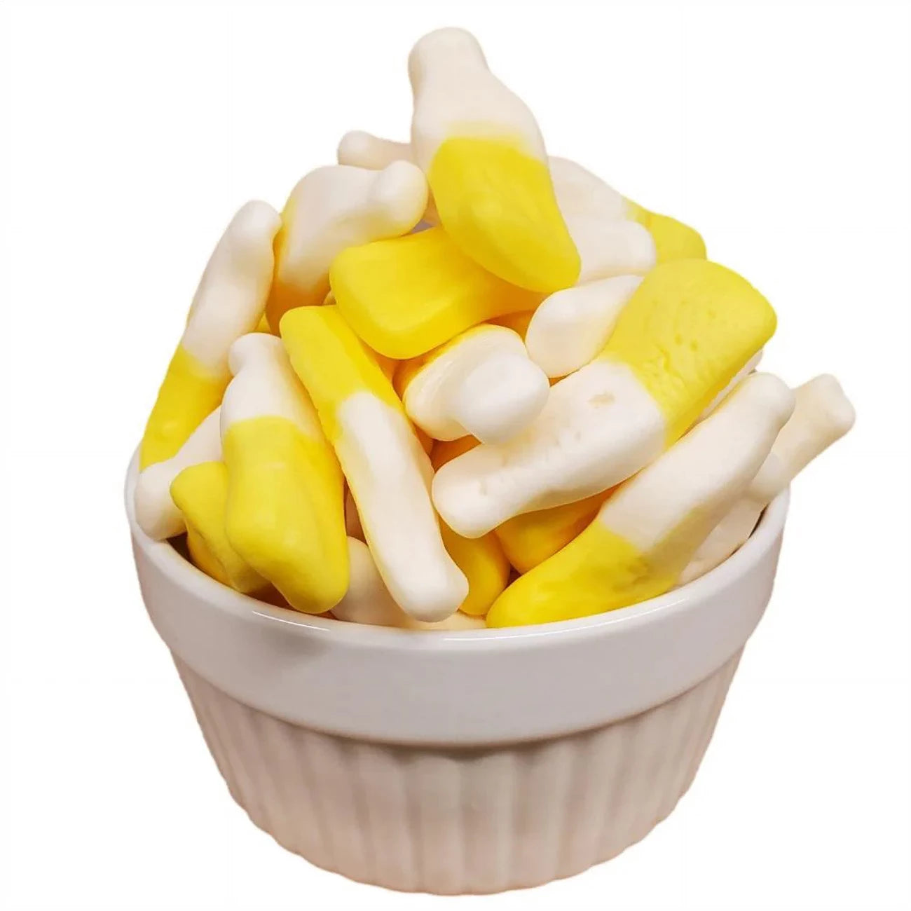 Huer Banana Frosty Gummies, 50g/1.8 oz., banana Frosties in a bowl. 