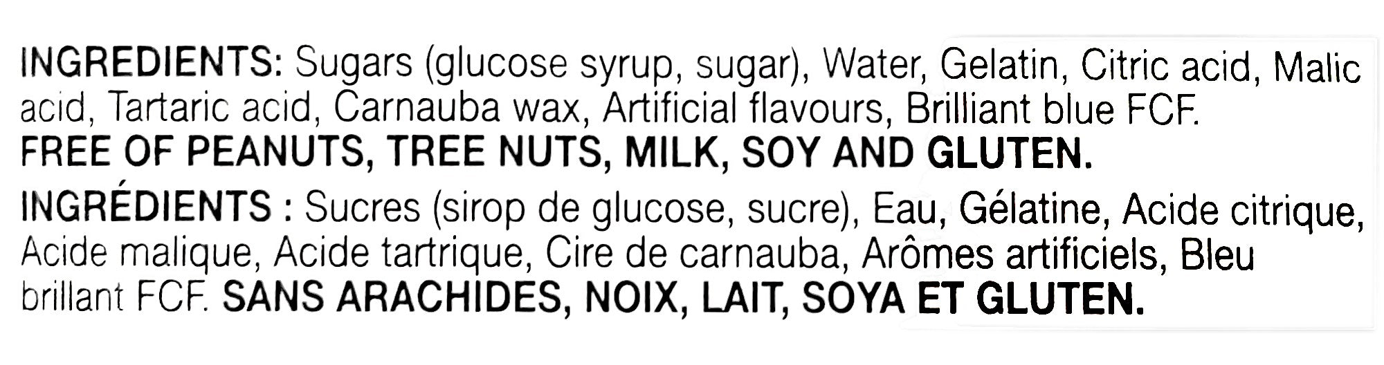 Huer Bulk Blue Razzberries Gummies, 1kg, ingredients label.