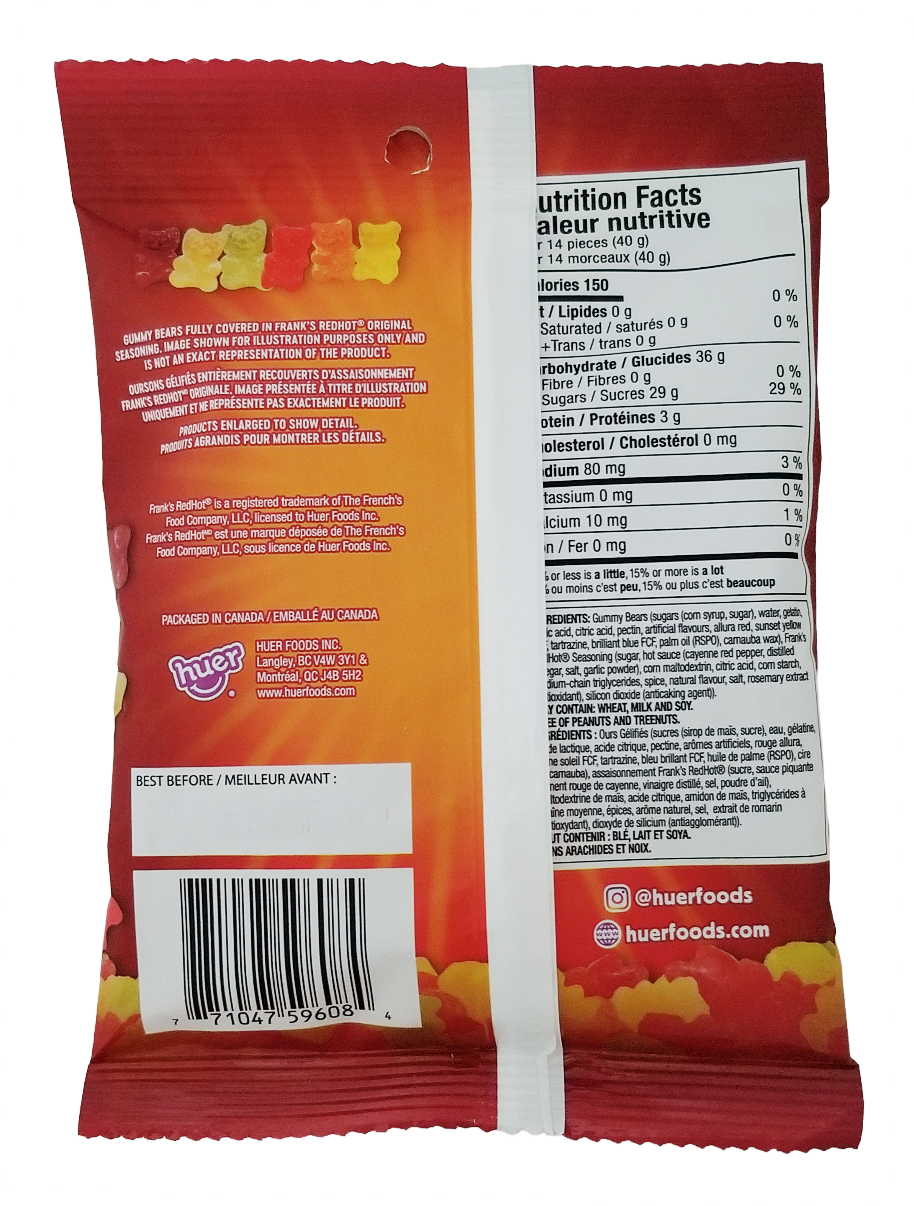 Back view of Huer Frank's Red Hot Spicy Gummy Bears with nutrition facts and branding.