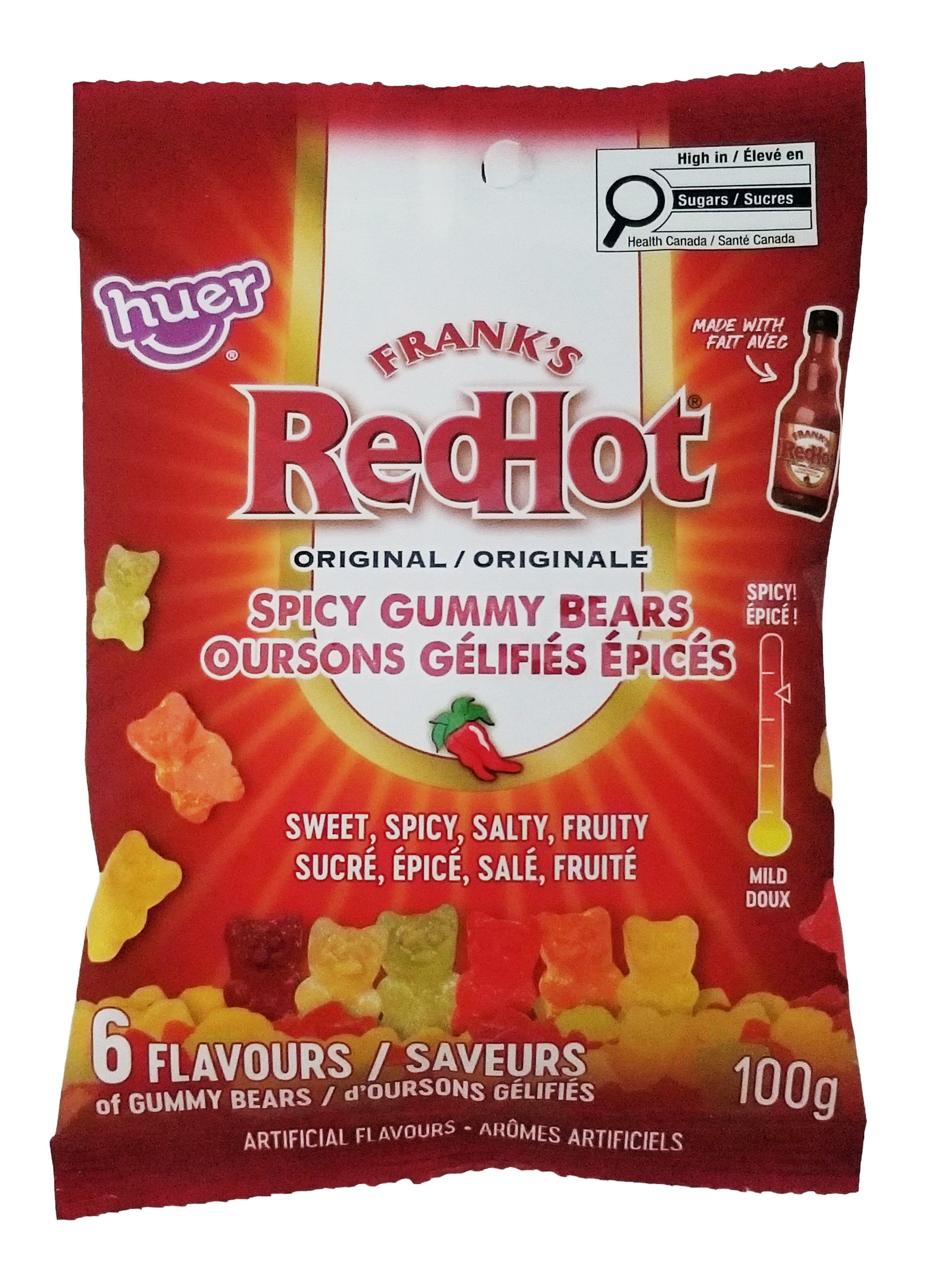 Packaging of Frank's RedHot spicy gummy bears with red background and colorful gummy bears.