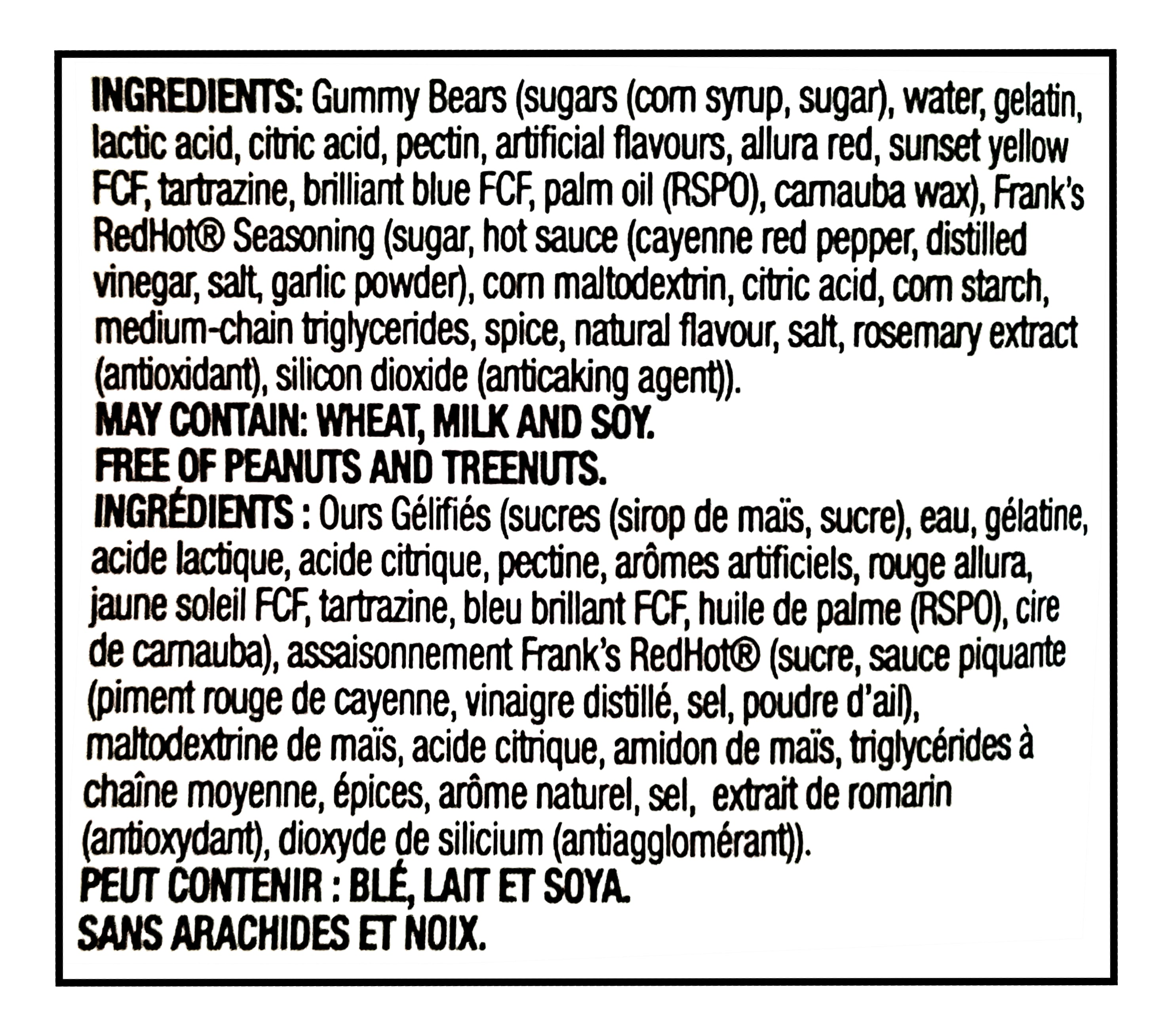 Ingredients list for Huer Frank's Red Hot Spicy Gummy Bears on a black background