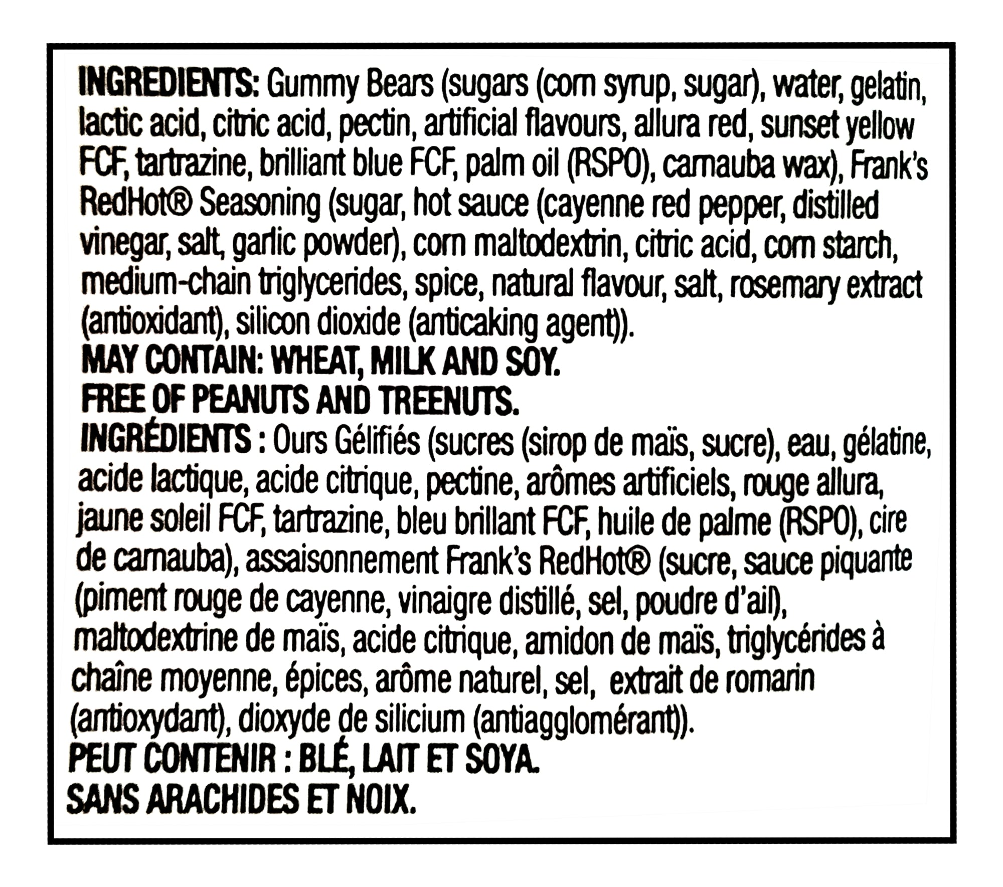 Ingredients list for Huer Frank's Red Hot Spicy Gummy Bears 700g package on a black background