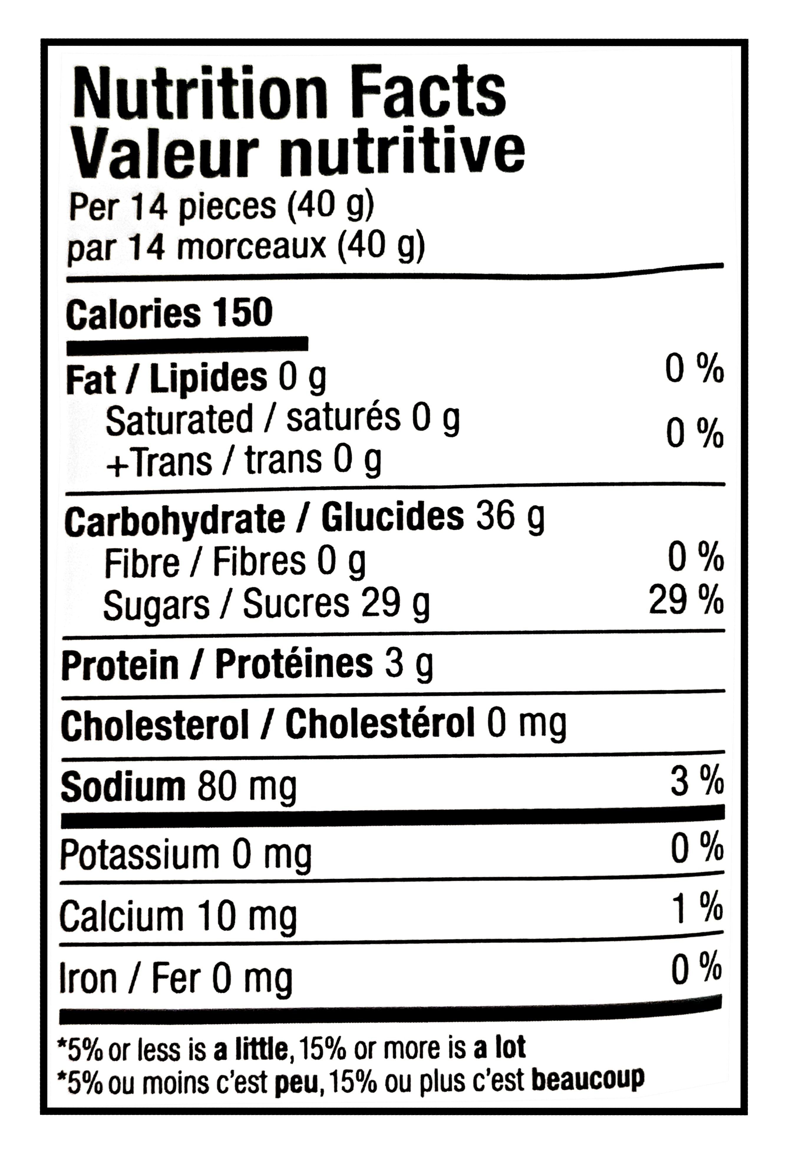 Nutrition facts label for Huer Frank's Red Hot Spicy Gummy Bears with specific calorie count, macronutrient breakdown, and other nutritional information.