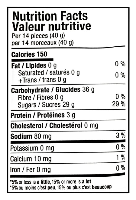 Nutrition facts label for a Huer Frank's Red Hot Spicy Gummy Bears 700g package with specific calorie count, macronutrient breakdown, and other nutritional information.