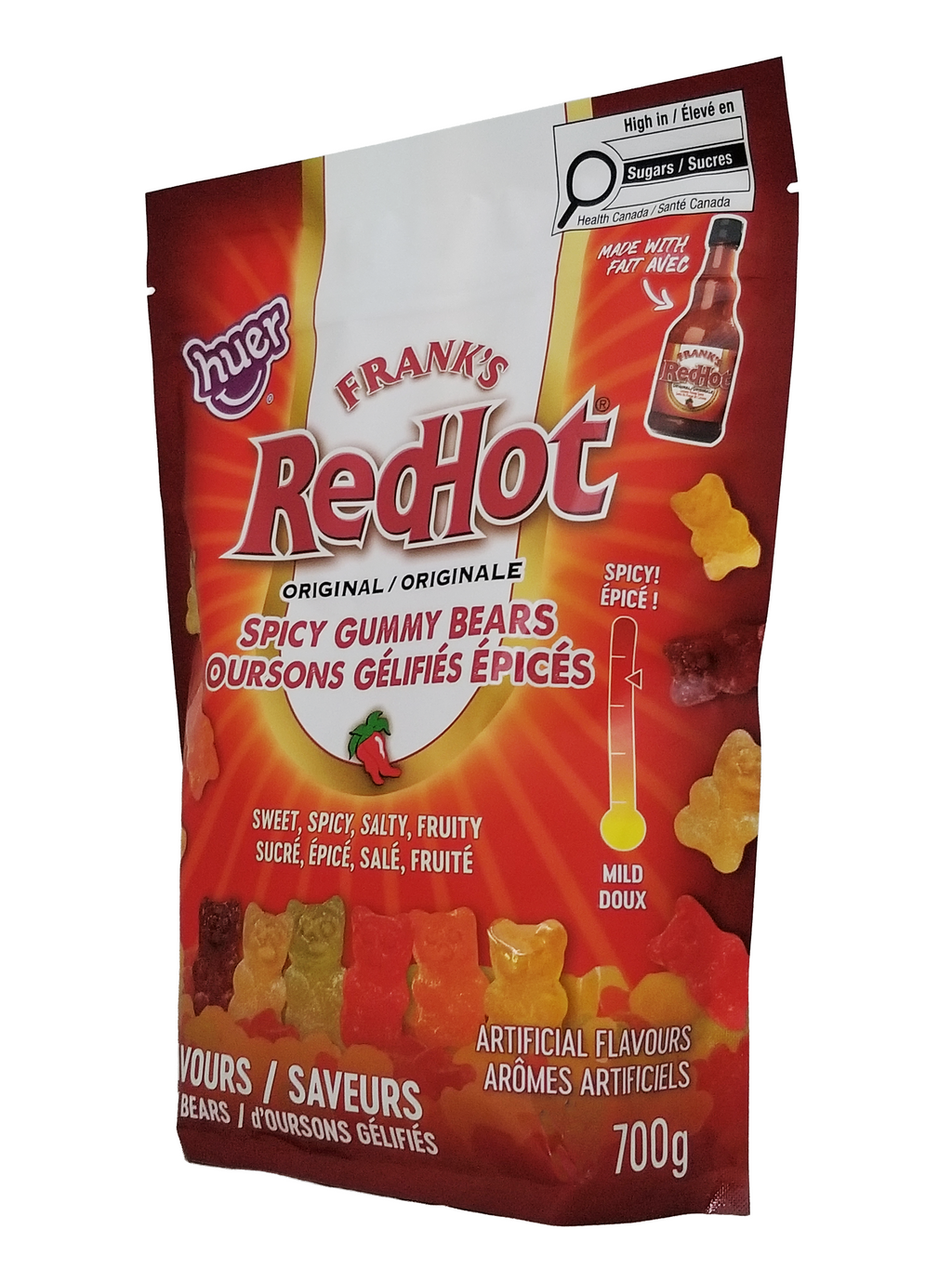 Package of Frank's RedHot Spicy Gummy Bears on a white background