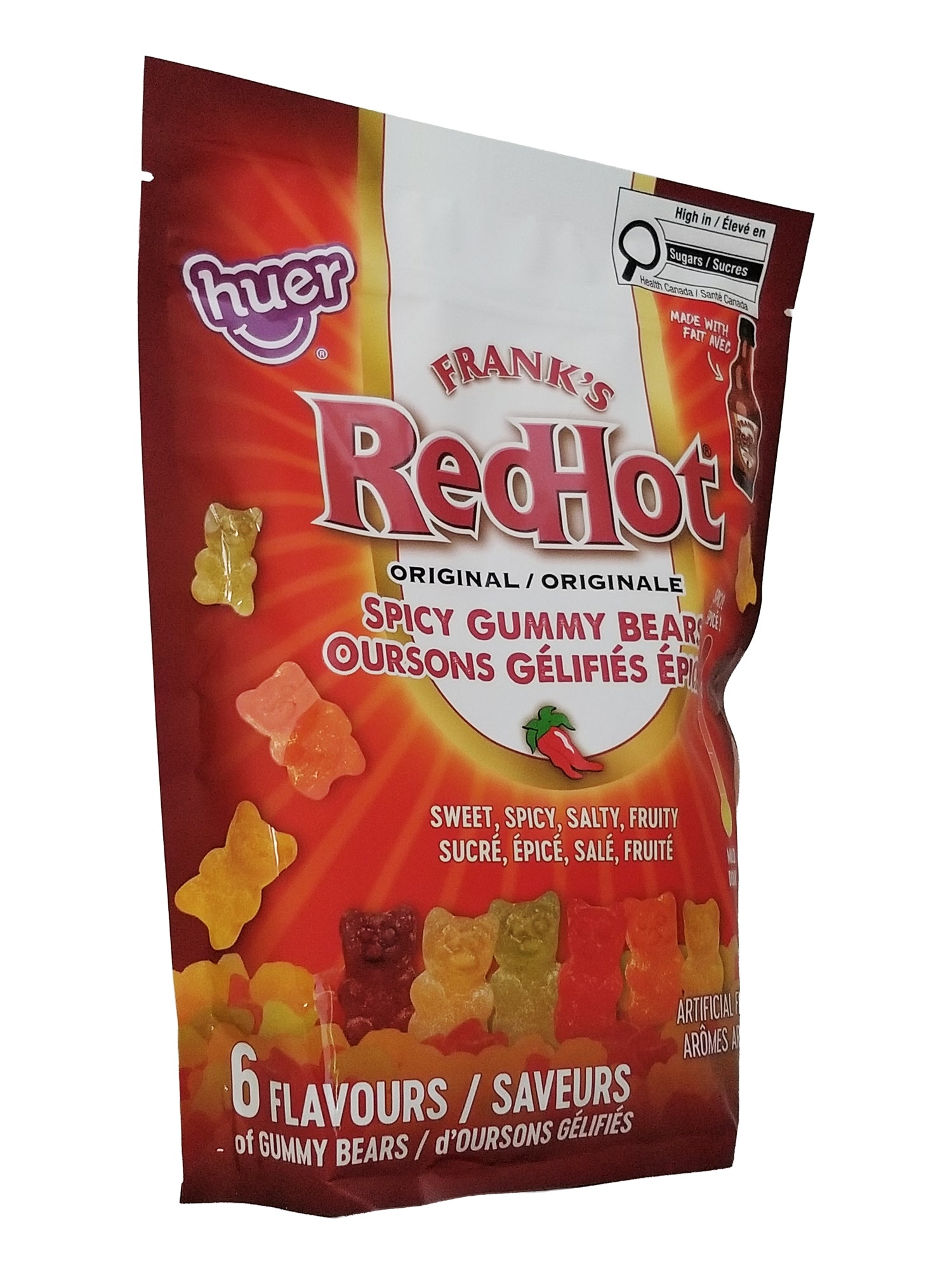 Package of Huer Frank's Red Hot Spicy Gummy Bears 700g package with red and white design.