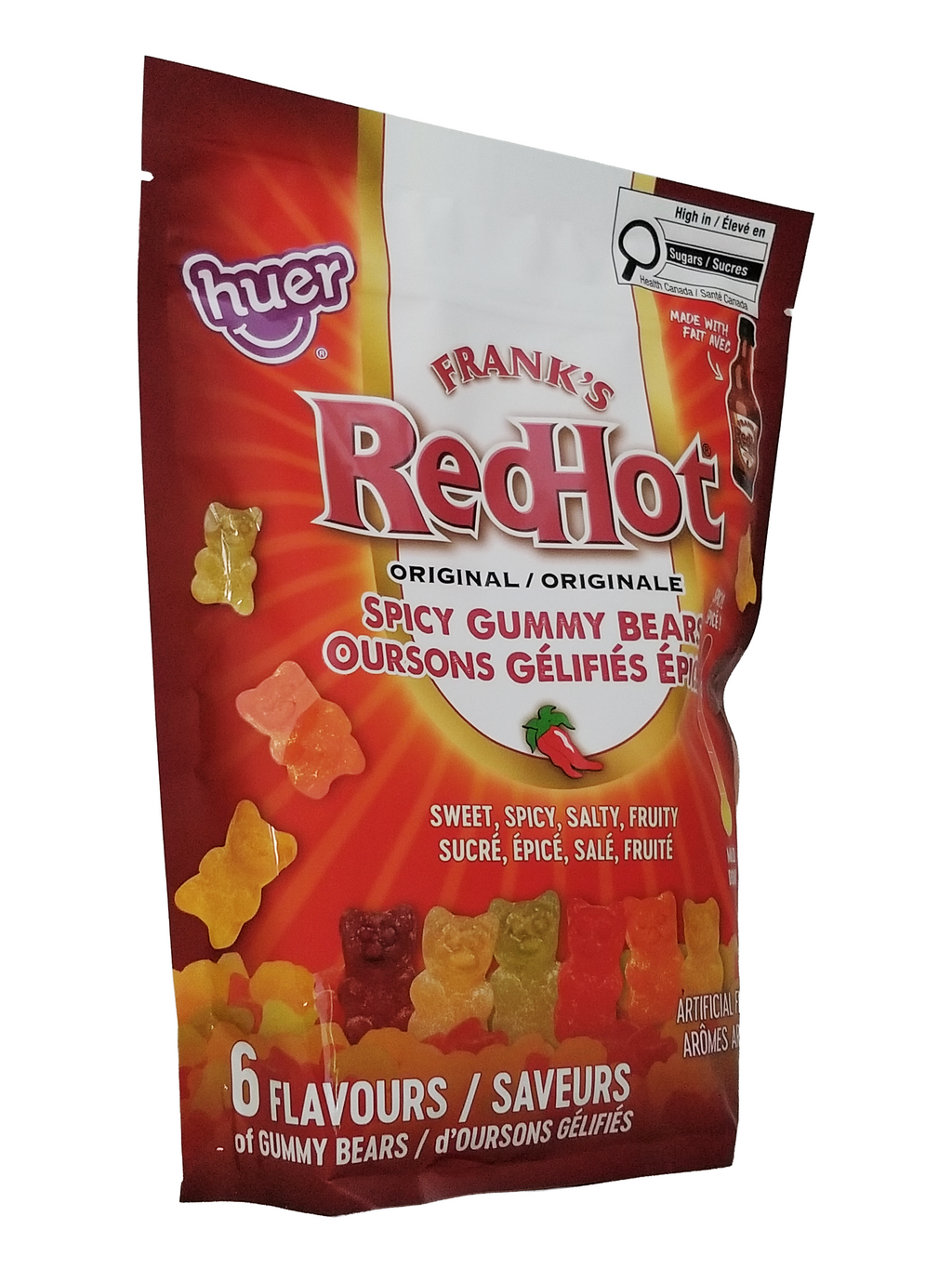 Package of Frank's RedHot spicy gummy bears with red and white design.