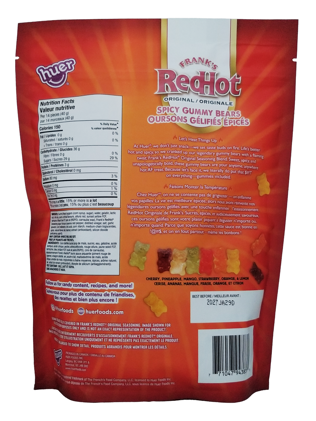 Back view of a red package of Frank's RedHot Spicy Gummy Bears with branding and nutritional information.