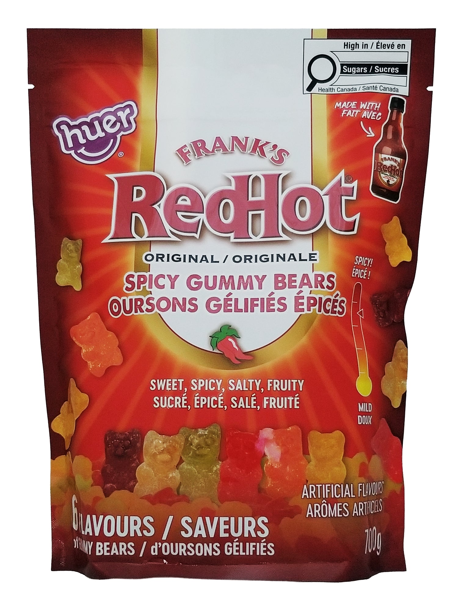 Packaging of Frank's RedHot Spicy Gummy Bears 700 package with red and orange design.