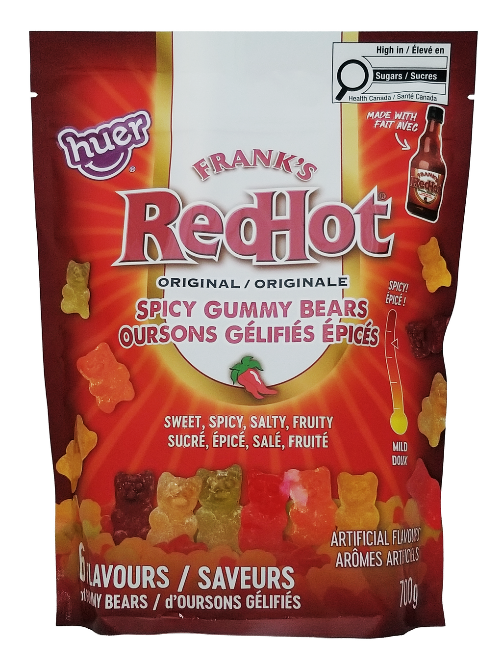 Packaging of Frank's RedHot Spicy Gummy Bears with colorful gummy bears on a red background.