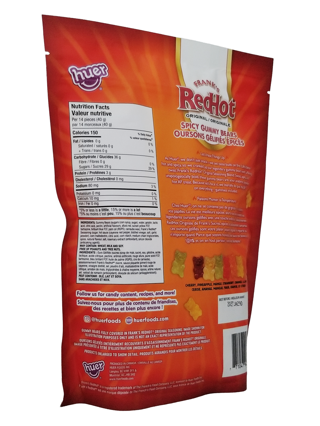 Back view of a Fuer Foods Red Hot Spicy Gummy Bears package with nutritional information and branding.