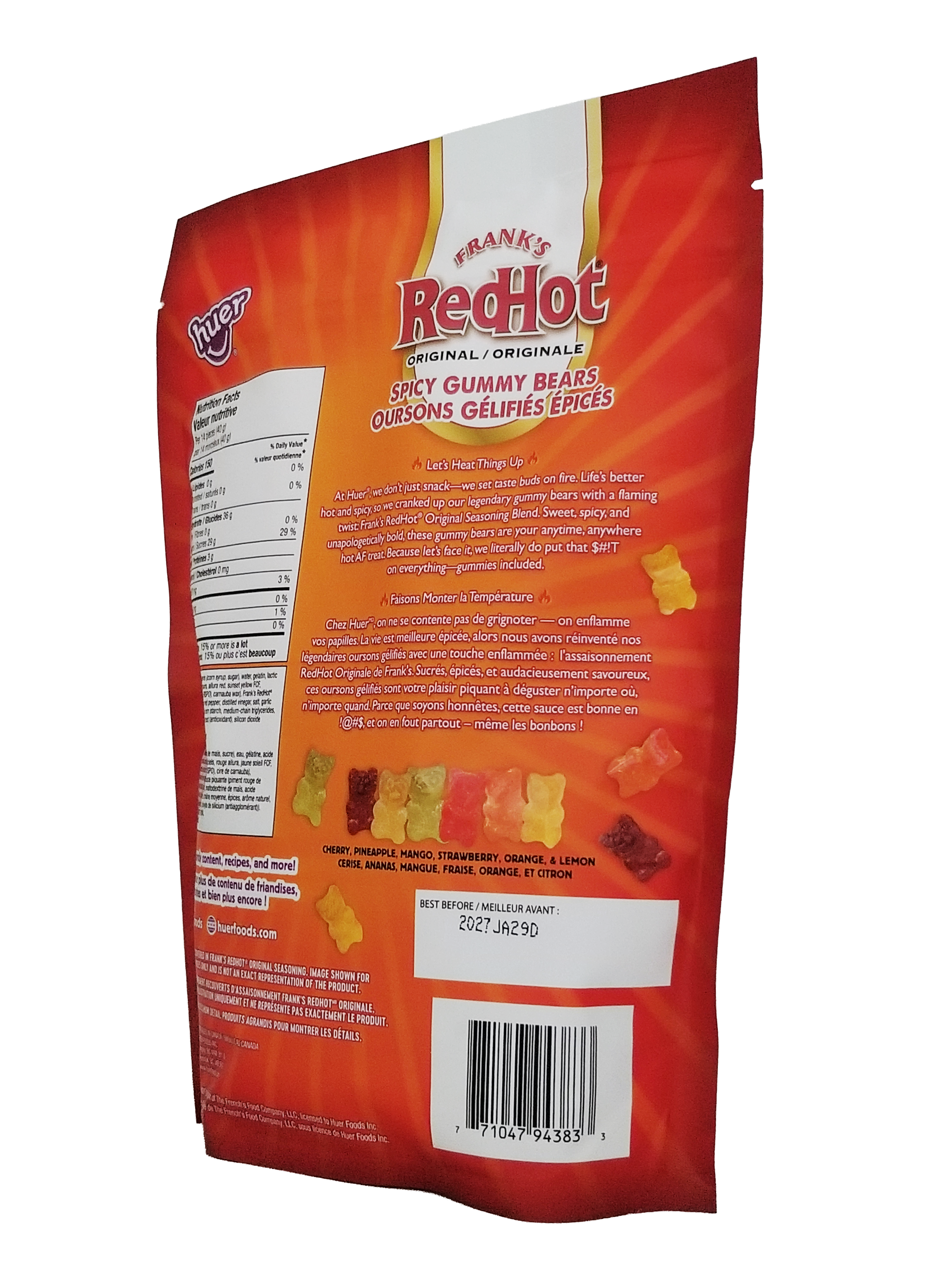 Back view of a Frank's RedHot spicy gummy bears package with text and branding.