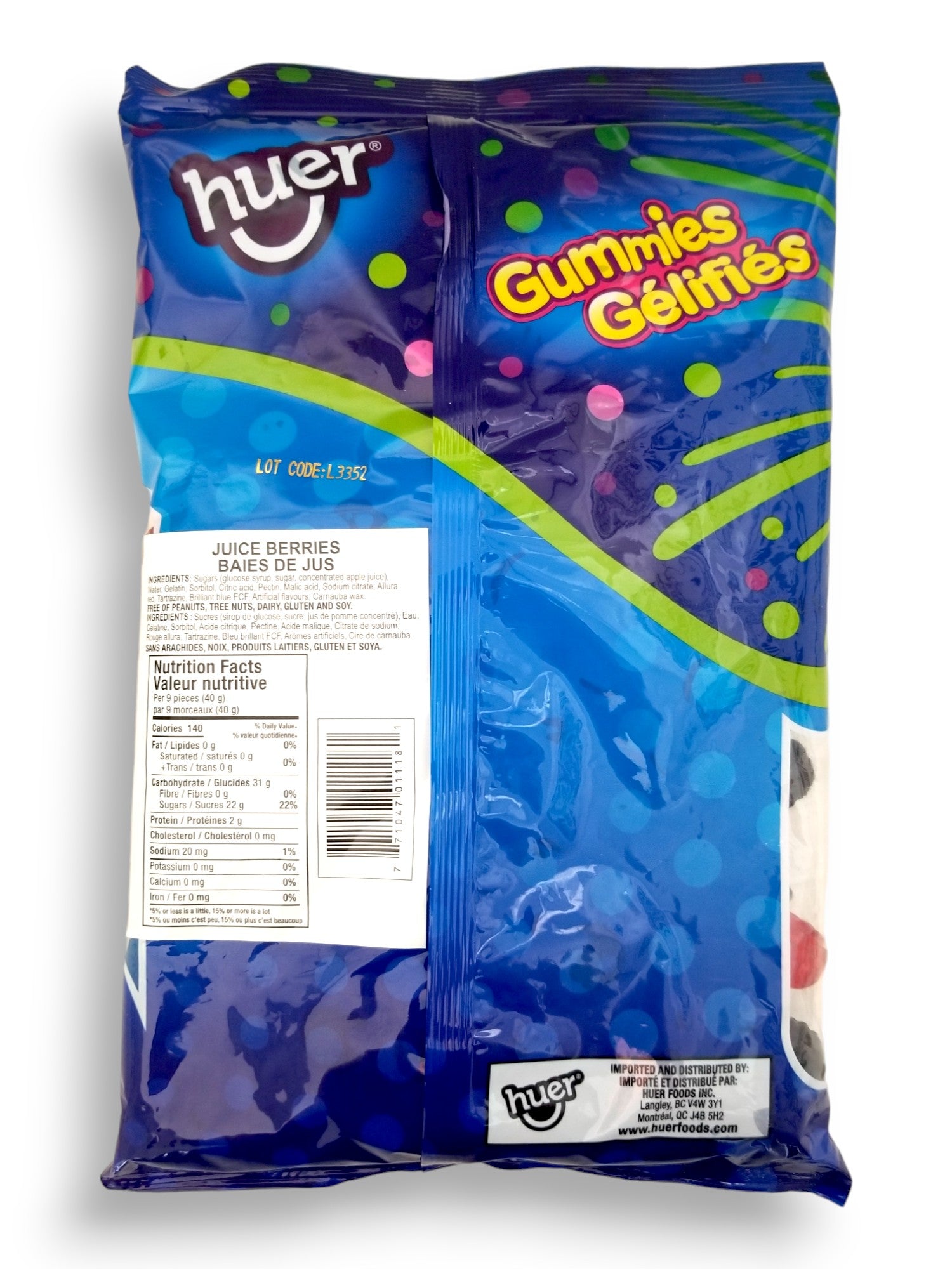 Huer Juice Berries Gummies, 1kg/2.2 lbs., back of bag.
