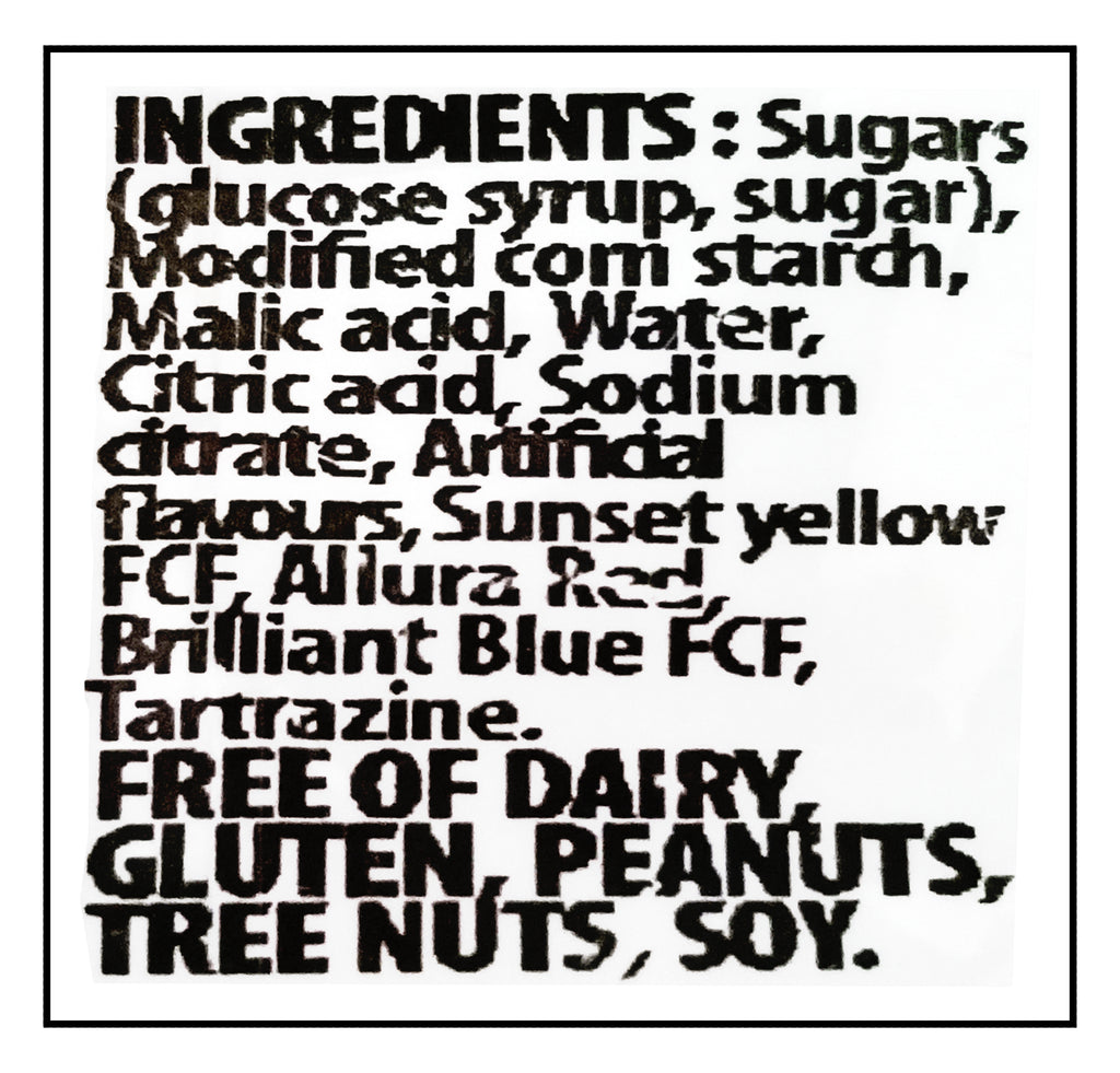 Huer Mini Sour Suckers Gummies, 1kg/2.2 lb. - Ingredients Label