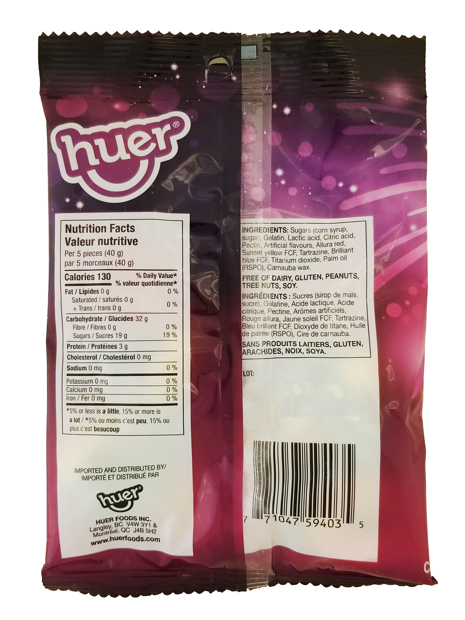Back side of a Huer Neon Rings Gummies - 100g package on a white background