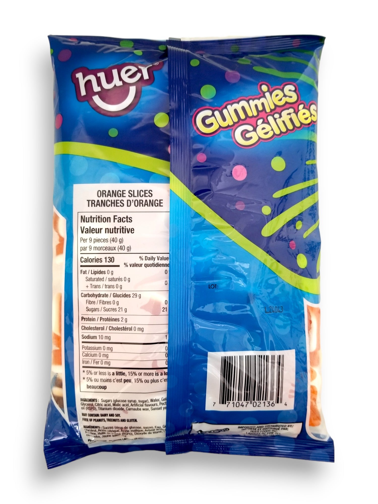 Huer Orange Slices Gummies, 1kg/2.2 lbs., back of bag.