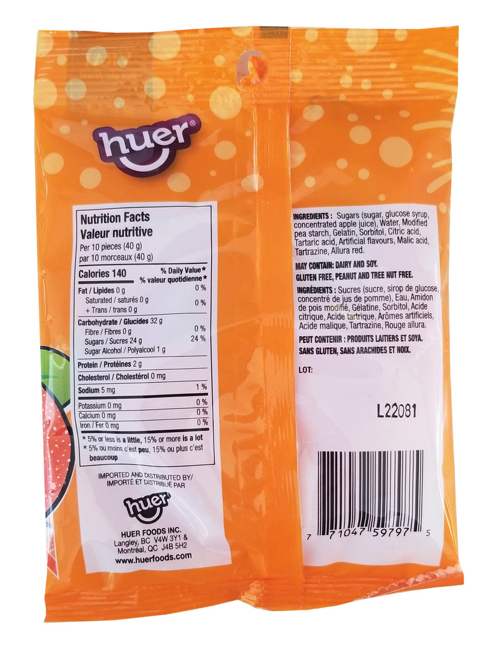 Huer Sour Peach Slices Gummy Candy, 120g/4.2 oz., Peg Bag, {Imported from Canada}