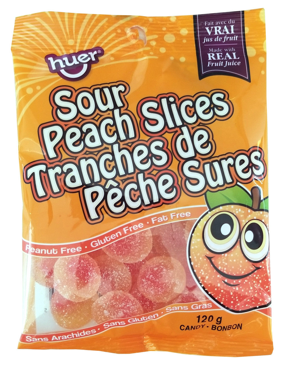Huer Sour Peach Slices Gummy Candy, 120g/4.2 oz., Peg Bag, {Imported from Canada}