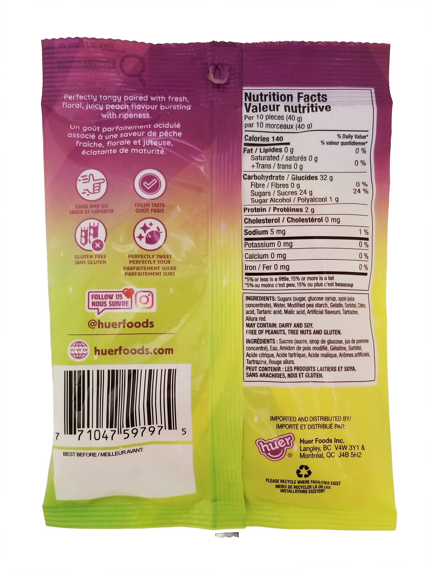 Back view of a Huer Sour Peach Slices Gummy Candy package with nutritional information and branding.