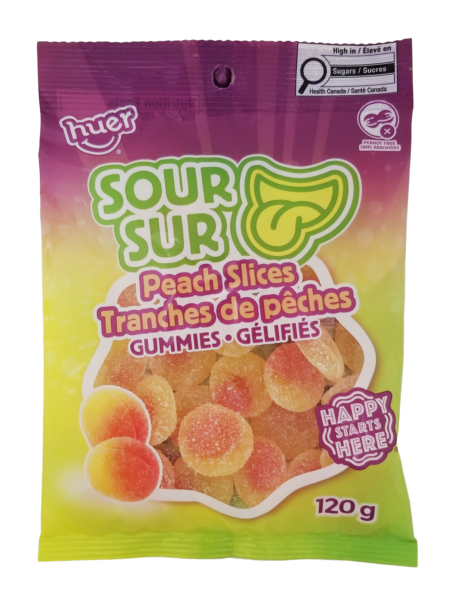 Huer Sour Peach Slices gummy candy package with colorful design