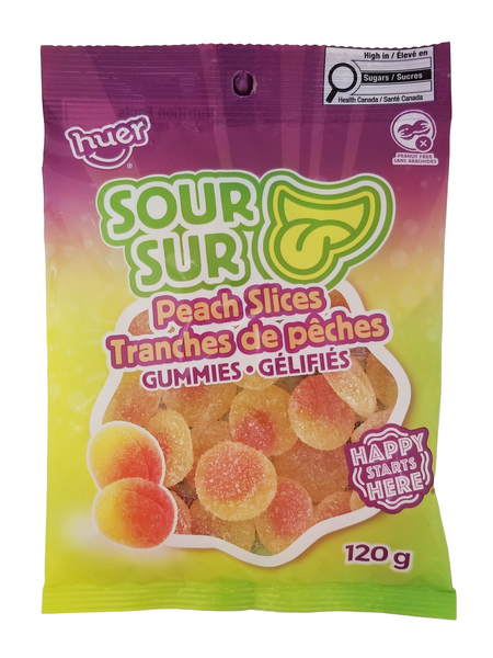 Huer Sour Peach Slices gummy candy package with colorful design