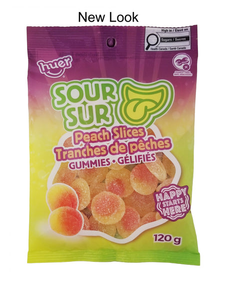 Packaging of Huer Sour Peach Slices Gummy Candy with a colorful design on a white background.