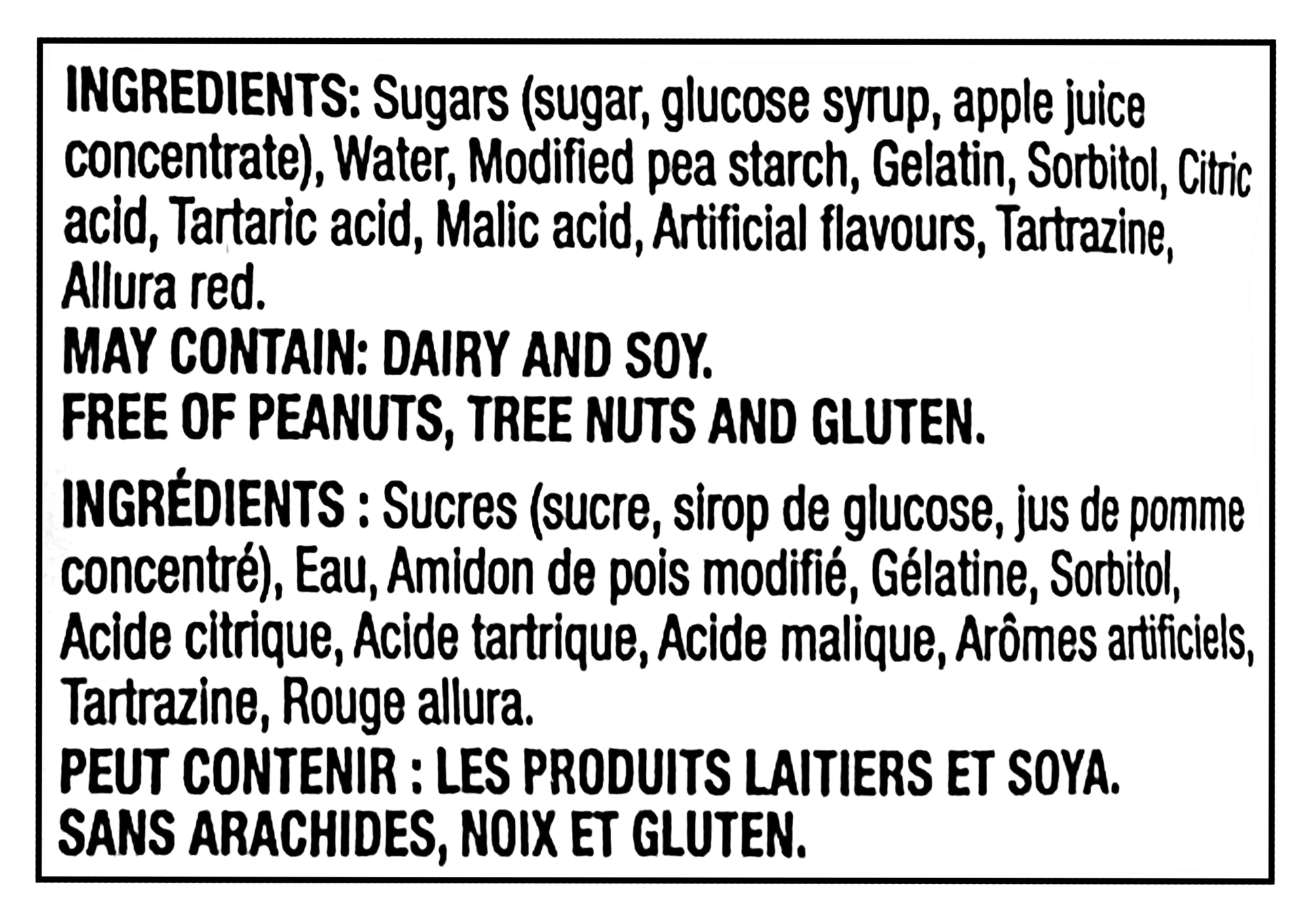 Ingredients list for Huer Sour Peach Slices Gummy Candy with black text on a white background