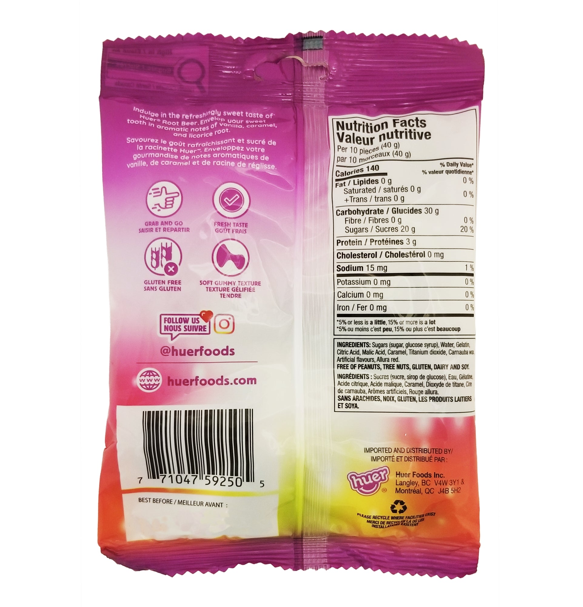 Back view of a Huer Root Beer Gummy Candy 100g package with nutritional information and branding.