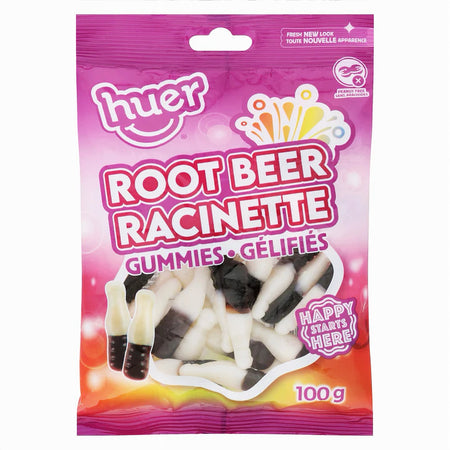 Package of Huer Root Beer Gummy Candy 100g with colorful design.