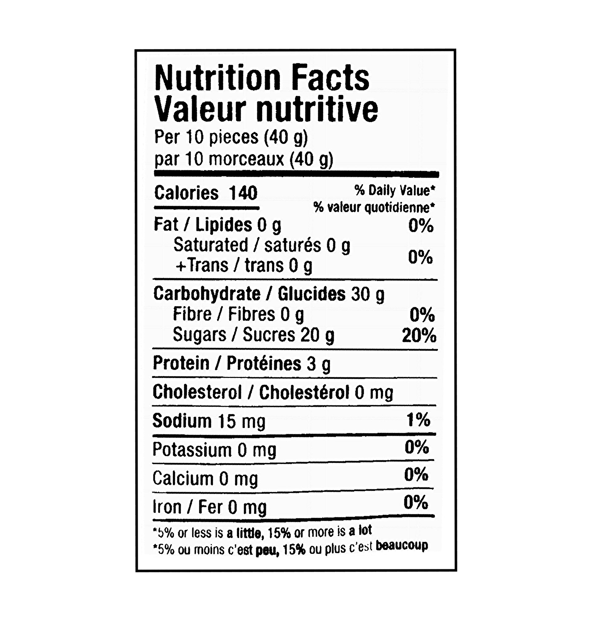 Nutrition facts label for Huer Root Beer Gummy Candy 100g with 140 calories, 30g of carbs, and 20g of sugars per 10 pieces.