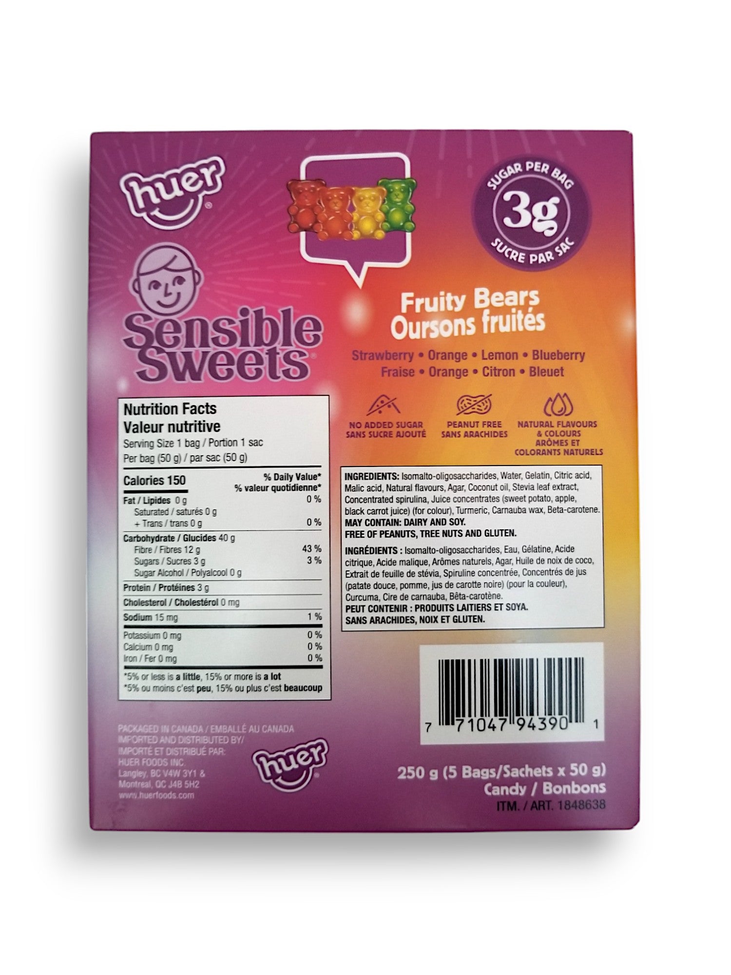 Sensible Sweets Fruity Bears Gummies, 5 Pack, 250g//8.8 oz. Box, back of box.