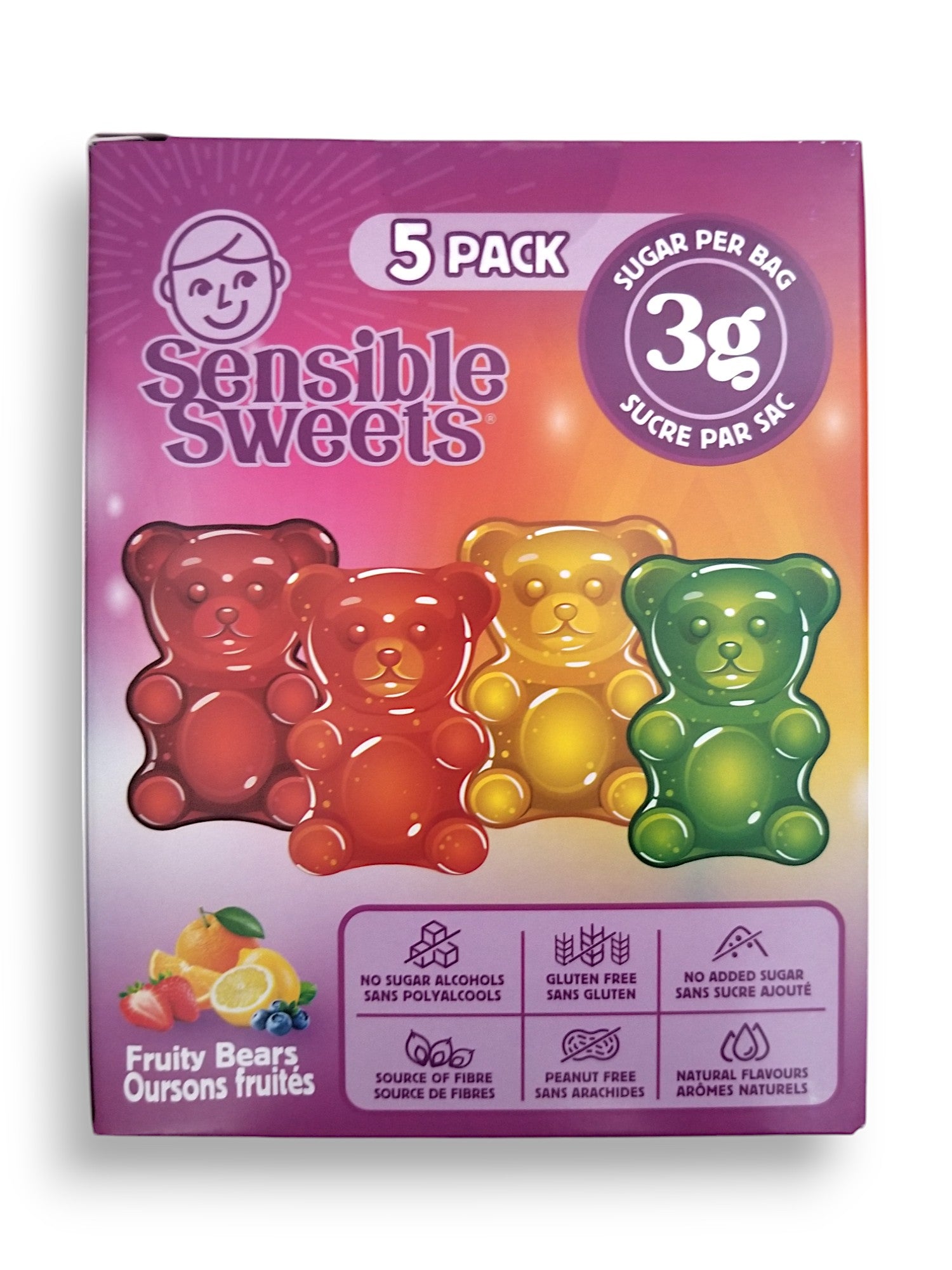 Sensible Sweets Fruity Bears Gummies, 5 Pack, 250g//8.8 oz. Box, front of box.