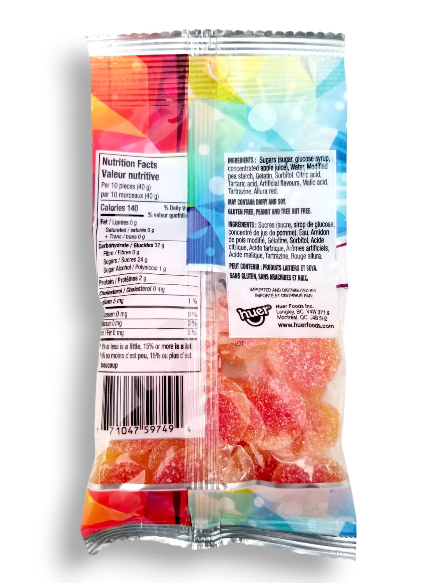 Huer Sour Peach Gummy Candy, 75g/2.6 oz., back of bag.